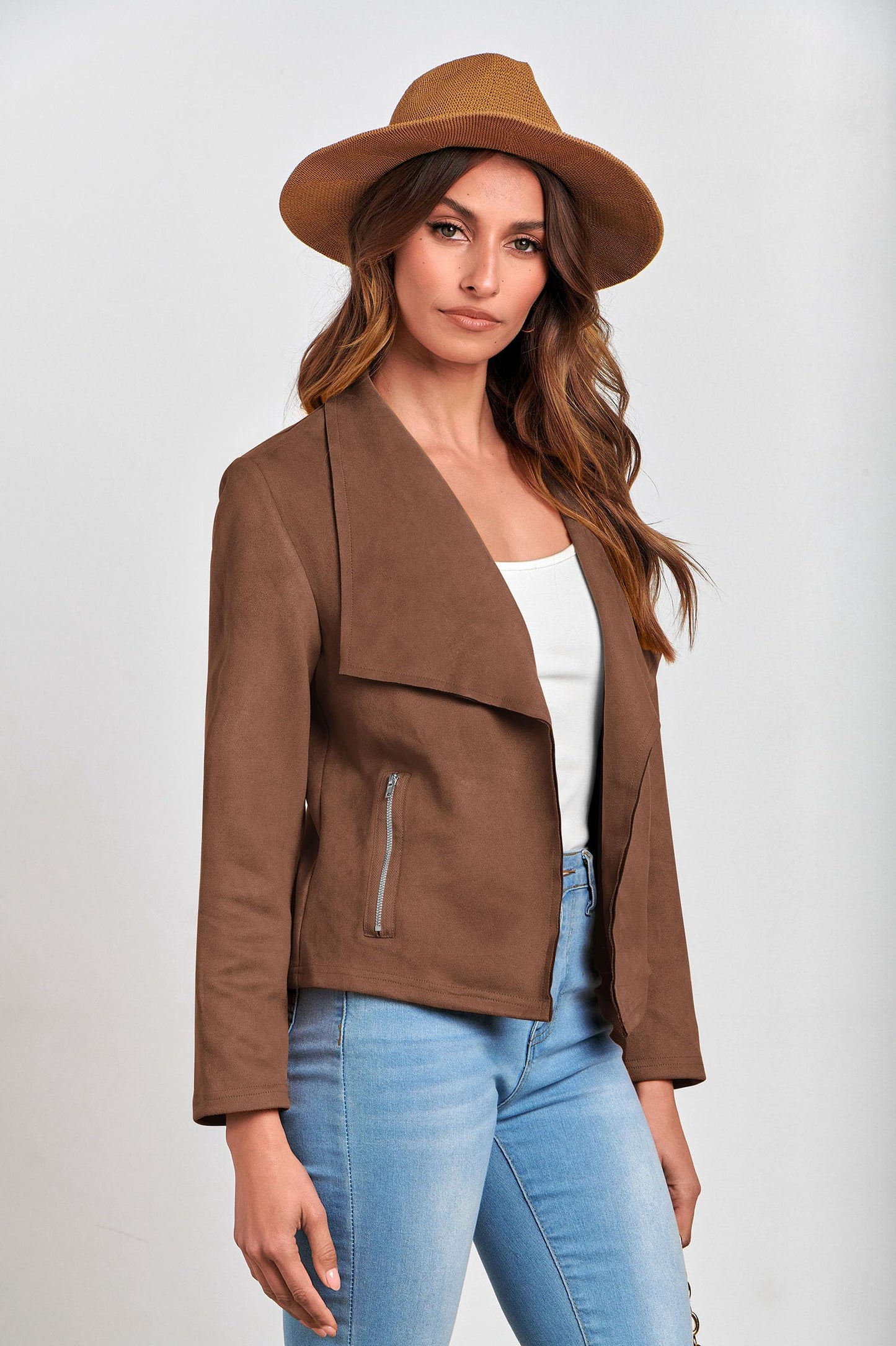 PRETTYGARDEN Women 2026 Fashion Fall Coats Outerwear Long Sleeve Open Front Crop Faux Suede Leather Jackets (Coffee,Large)