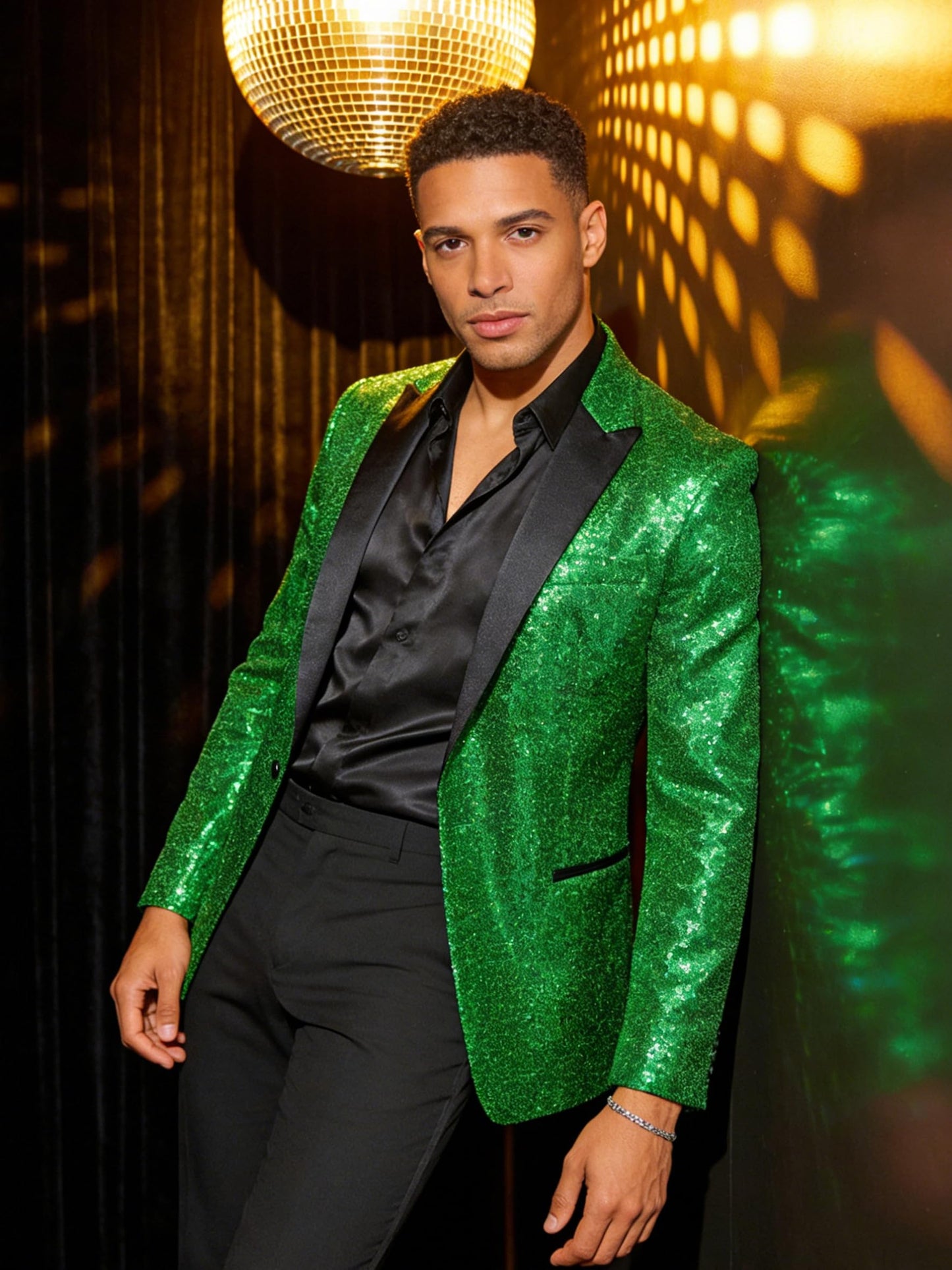 Barry.Wang 70s Disco Sequins Blazer Mens Sparkle Metallic Suit Jacket