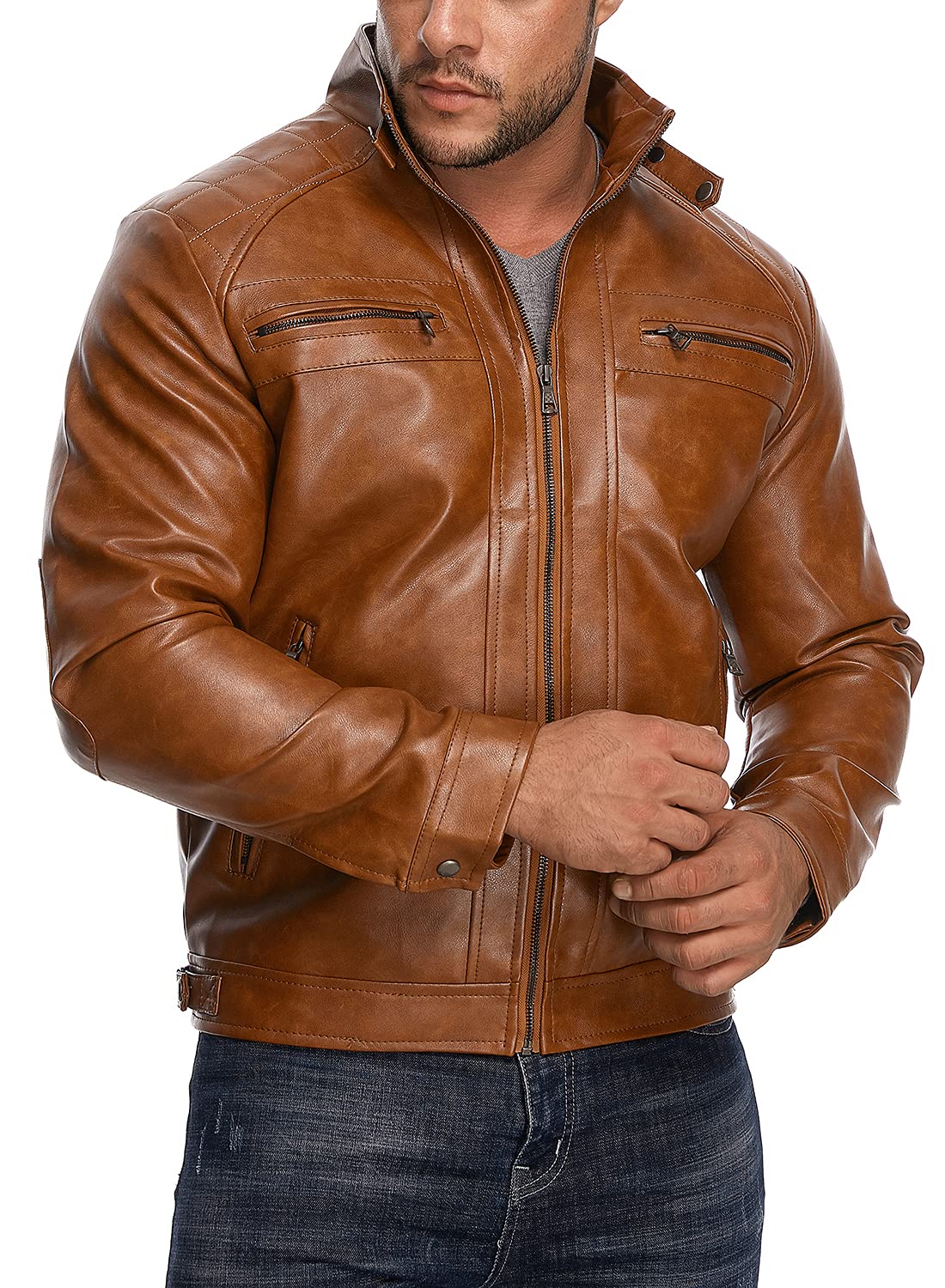 HOOD CREW Men’s Stand Collar Leather Jacket Casual Faux Leather Motorcycle Jacket Outerwear Coat with Zipper Pockets Brown 4XL