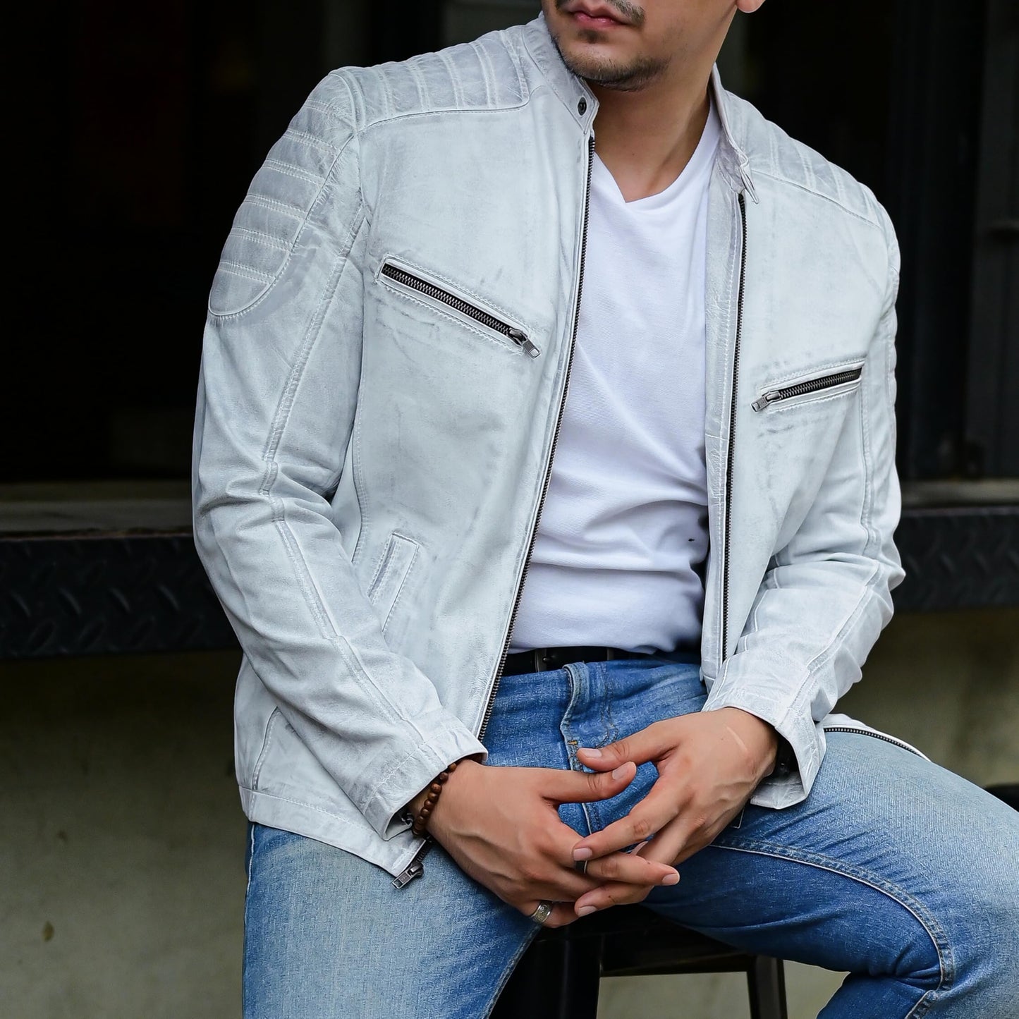 Jild Timeless Classic Leather Jacket Men - Biker Style Real Lambskin Café Racer Vintage Look Motorcycle Jackets for Men (M10-White-XL)
