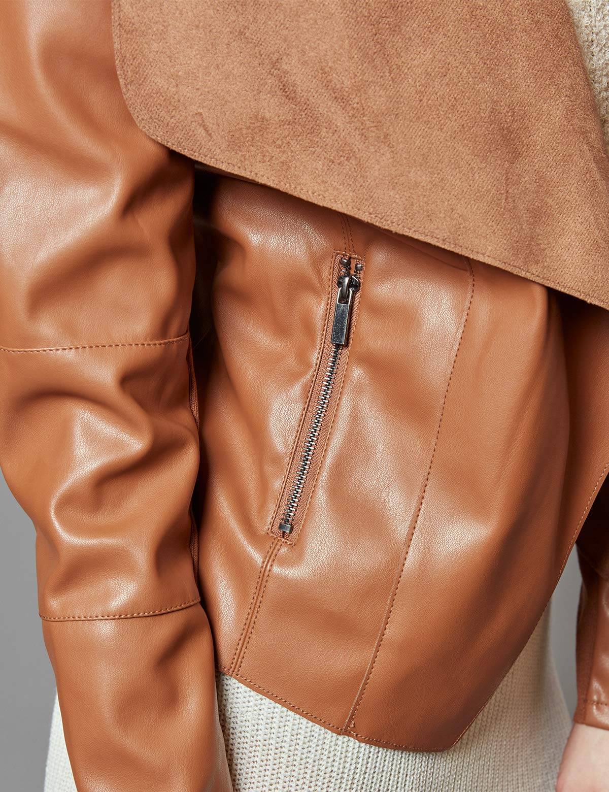 Escalier Women's Faux Leather Jackets Slim Open Front Lapel Blazer Jackets Brown Large