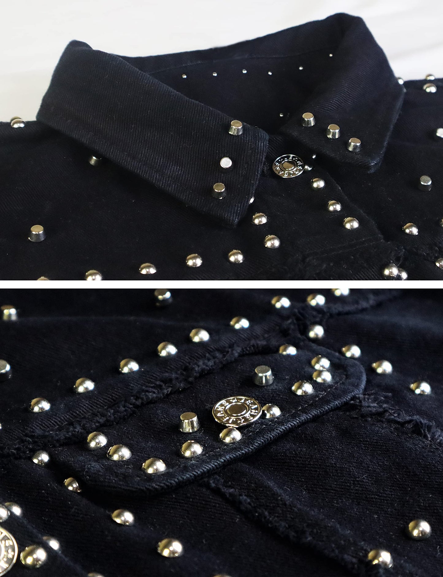 APAFES Women's Fashion Crop Fringe Denim Jacket Distressed Western Studded Black Trucker Jacket(0270-Black-S-NG)