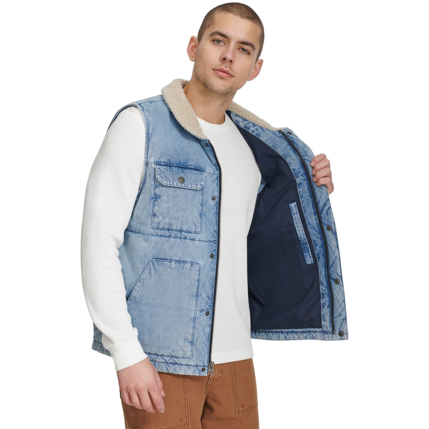 Levi's Men's Mixed Media Quilted Puffer Jacket With Sherpa Lined Collar (Regular and Big & Tall Sizes), Light Wash Denim Vest, Small