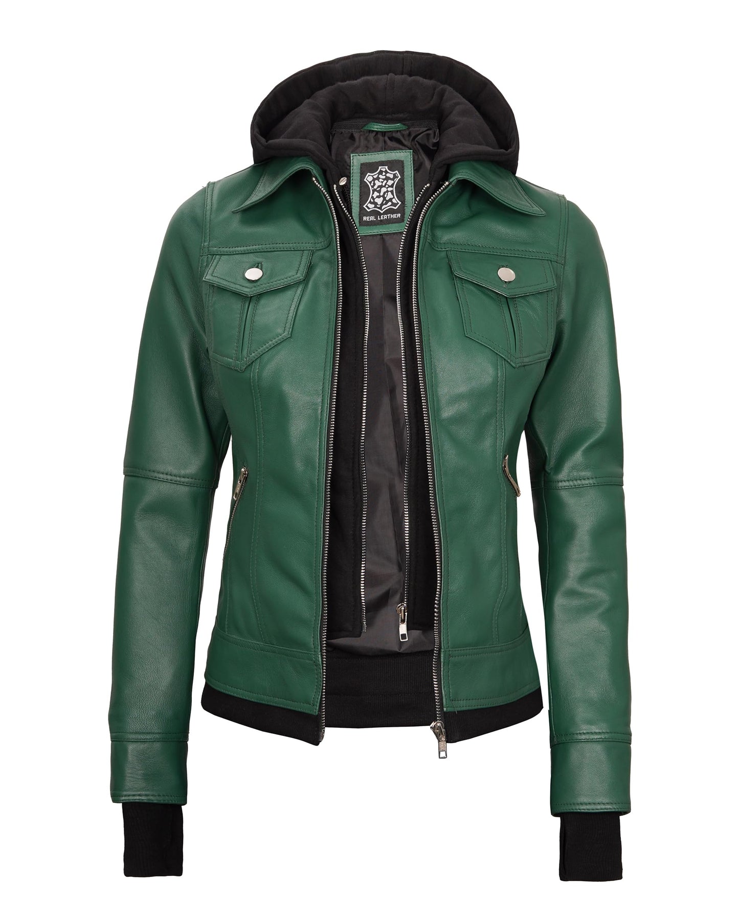 Decrum Leather Motorcycle Jacket Women - Women Leather Jacket | [1323865] Trle Grn, XL