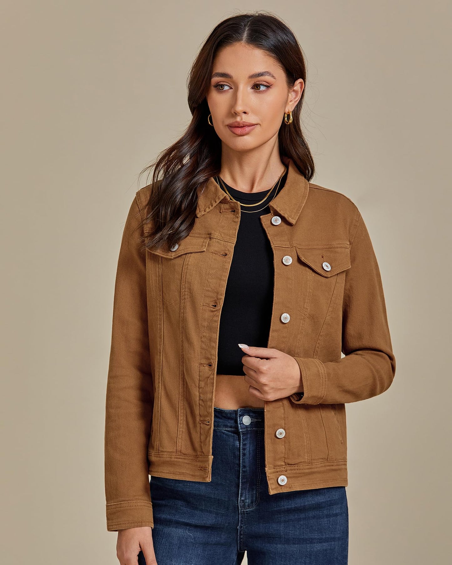 luvamia Women's Classic Casual Long Sleeves Jacket Basic Button Down Brown Trucker Jacket Coat Size Large