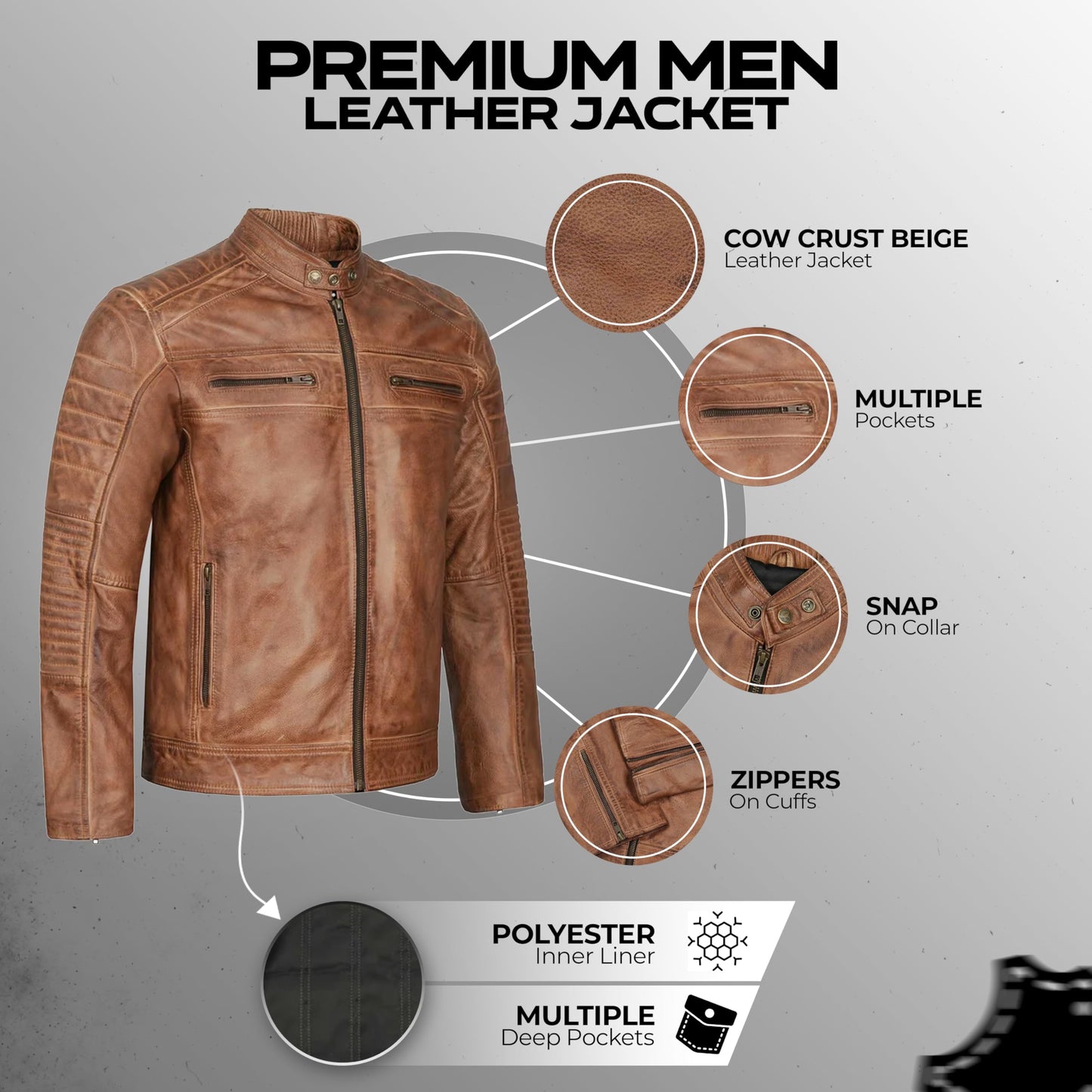 Leatherick Mens Distressed Tan Brown Genuine Leather Cafe Racer Biker Jacket Retro Style Vintage Jacket (US, Alpha, Large, Regular, Regular, Tan Brown)
