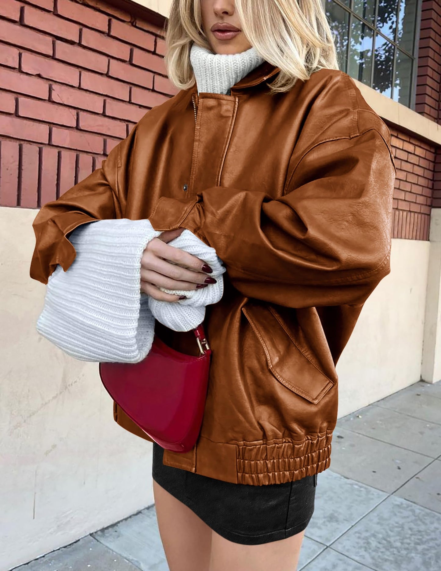 PRETTYGARDEN Women's Faux Leather Motorcycle Jacket Trendy Fall Spring Clothes Oversized Zip Up Winter Coat Outerwear (Brown,Medium)