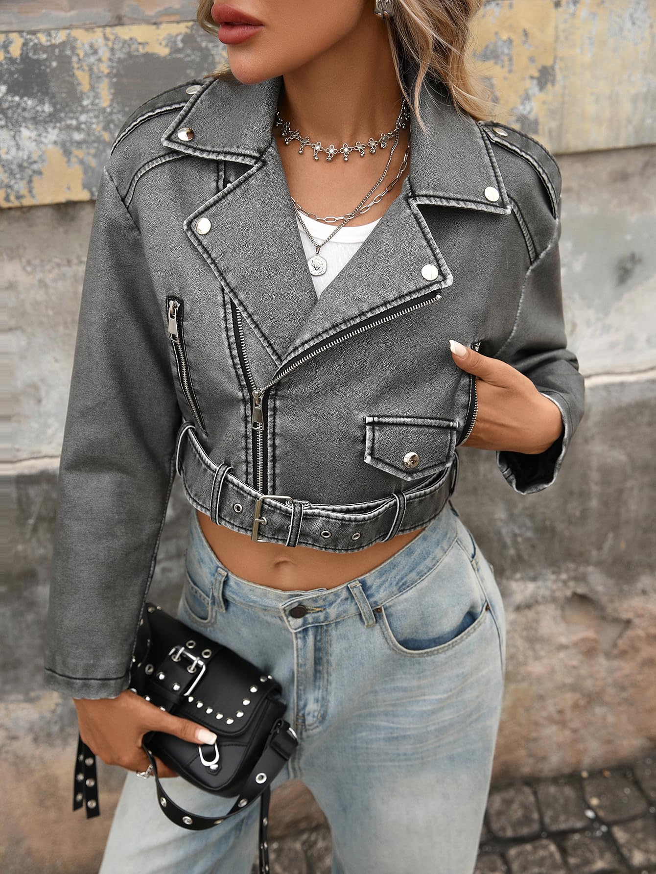 LY VAREY LIN Women Faux Leather Cropped Jacket Bomber Aviator Motor Biker Coat with Belt