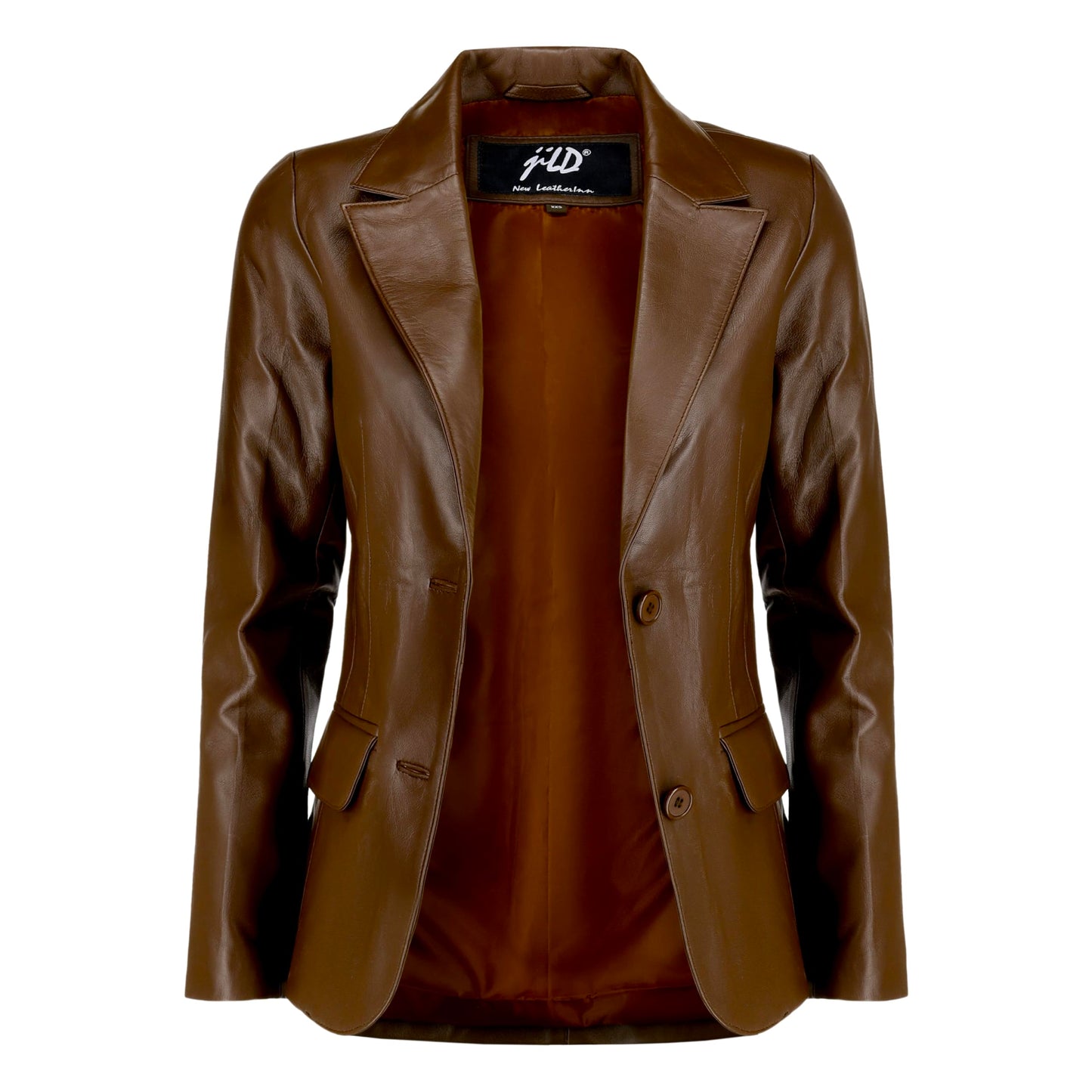 Jild Classic 2-Button Lambskin Leather Blazer Women - Casual Coat Long Sleeves Suit Style Leather Jacket Women (LC-Brn-L)