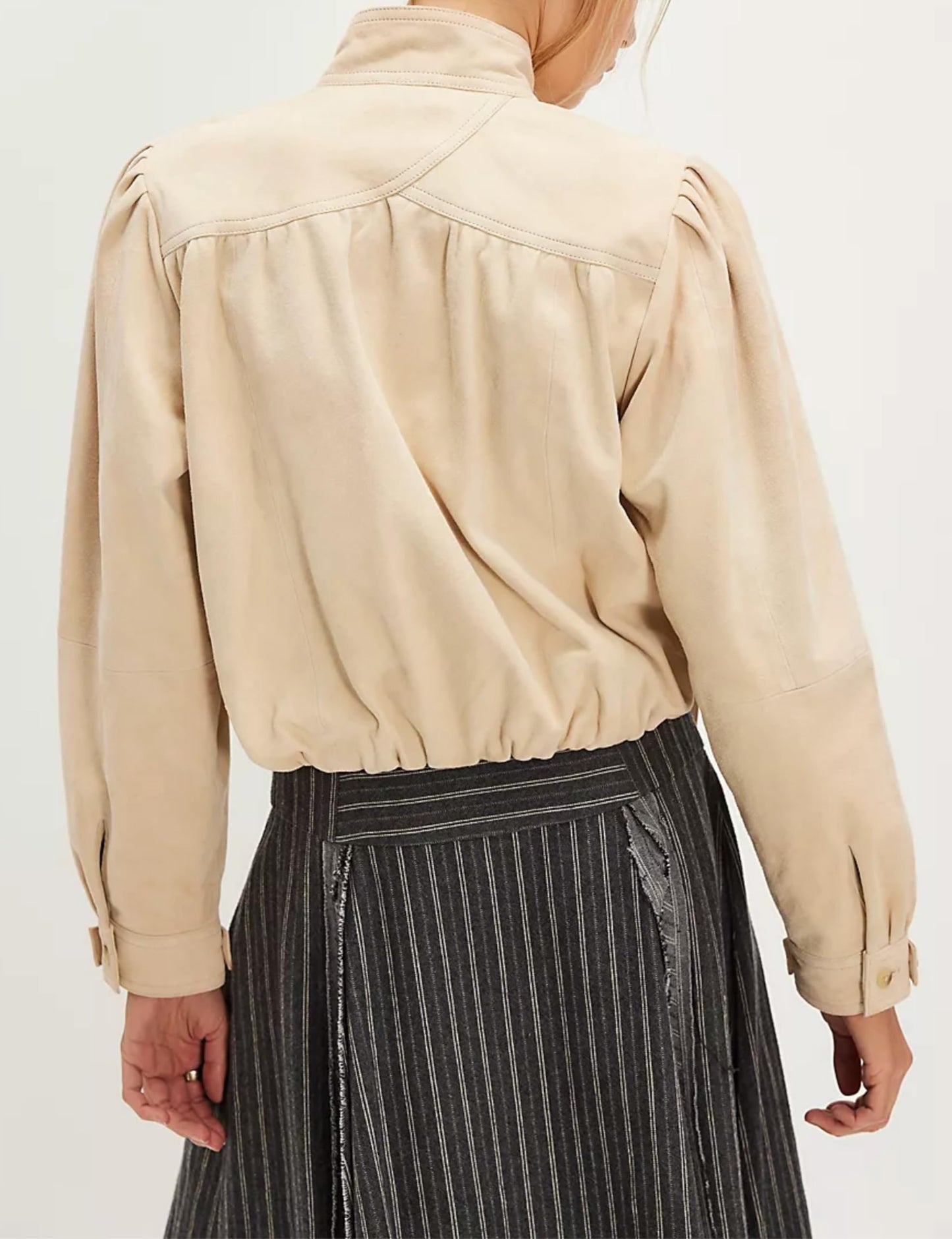 Wanzetaly Women's Faux Suede Jacket Casual Cropped Leather Coat with Pocket Button Bomber Jacket(0615-Beige-S)