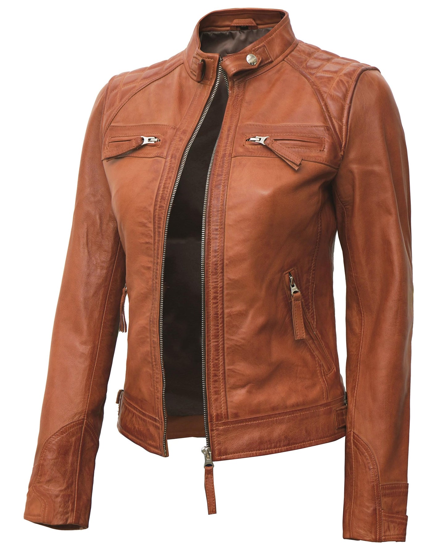Blingsoul Disc Cafe Racer Leather Jacket For Women | [1313732] Diamond1 Tan, S