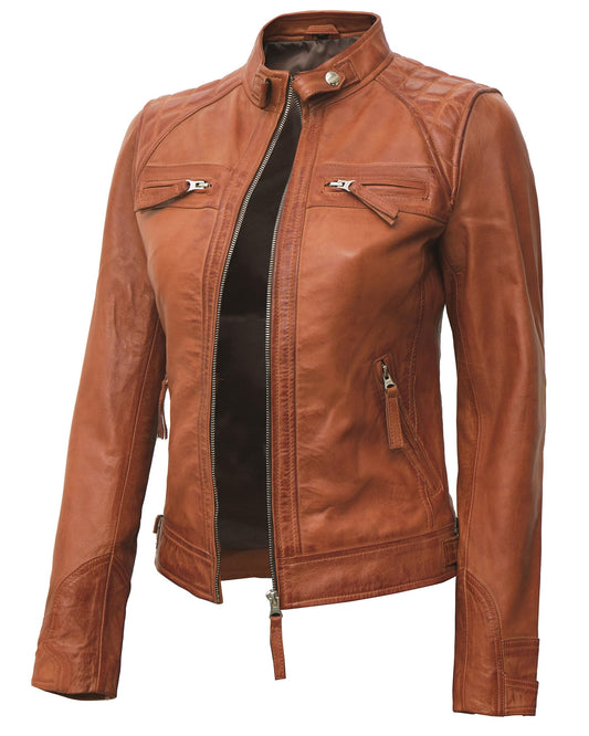 Blingsoul Disc Cafe Racer Leather Jacket For Women | [1313732] Diamond1 Tan, S
