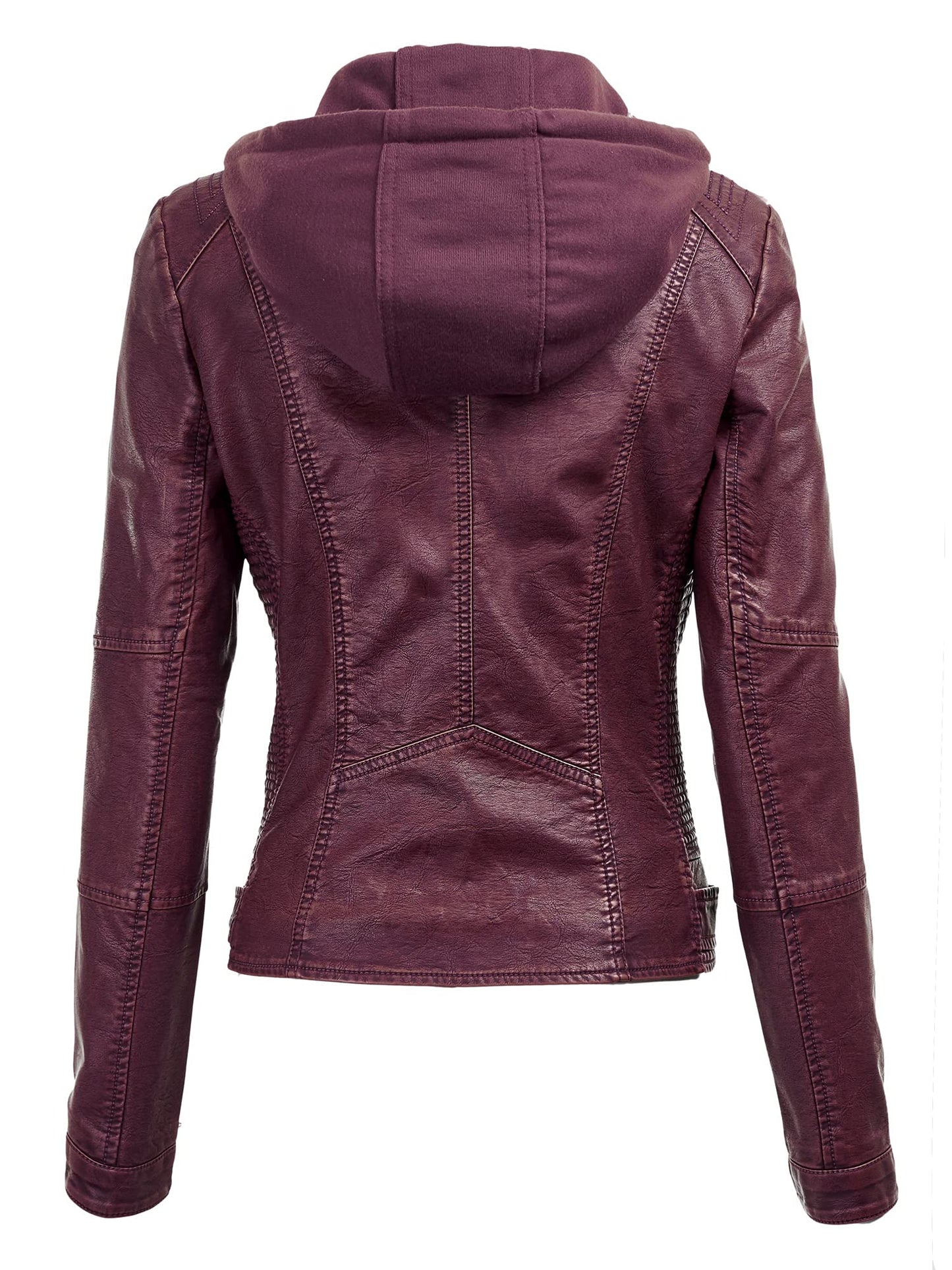 Made By Johnny MBJ WJC1044 Womens Faux Leather Quilted Motorcycle Jacket with Hoodie XS Wine