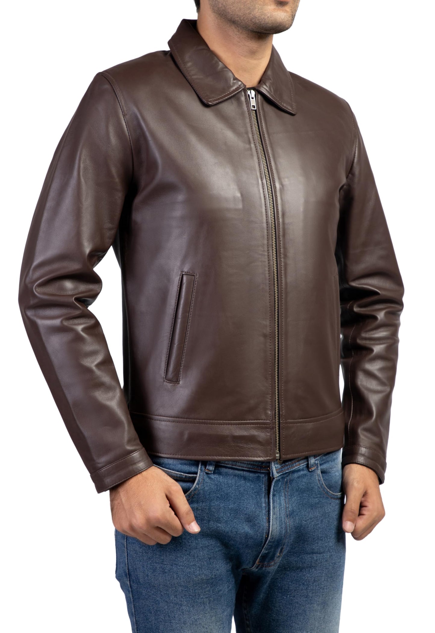 Jild Polo Collar Premium Leather Jacket Men - Old School Classic Style Everyday Wear Real Lambskin Mens Leather Jacket (Polo-Brown-M)