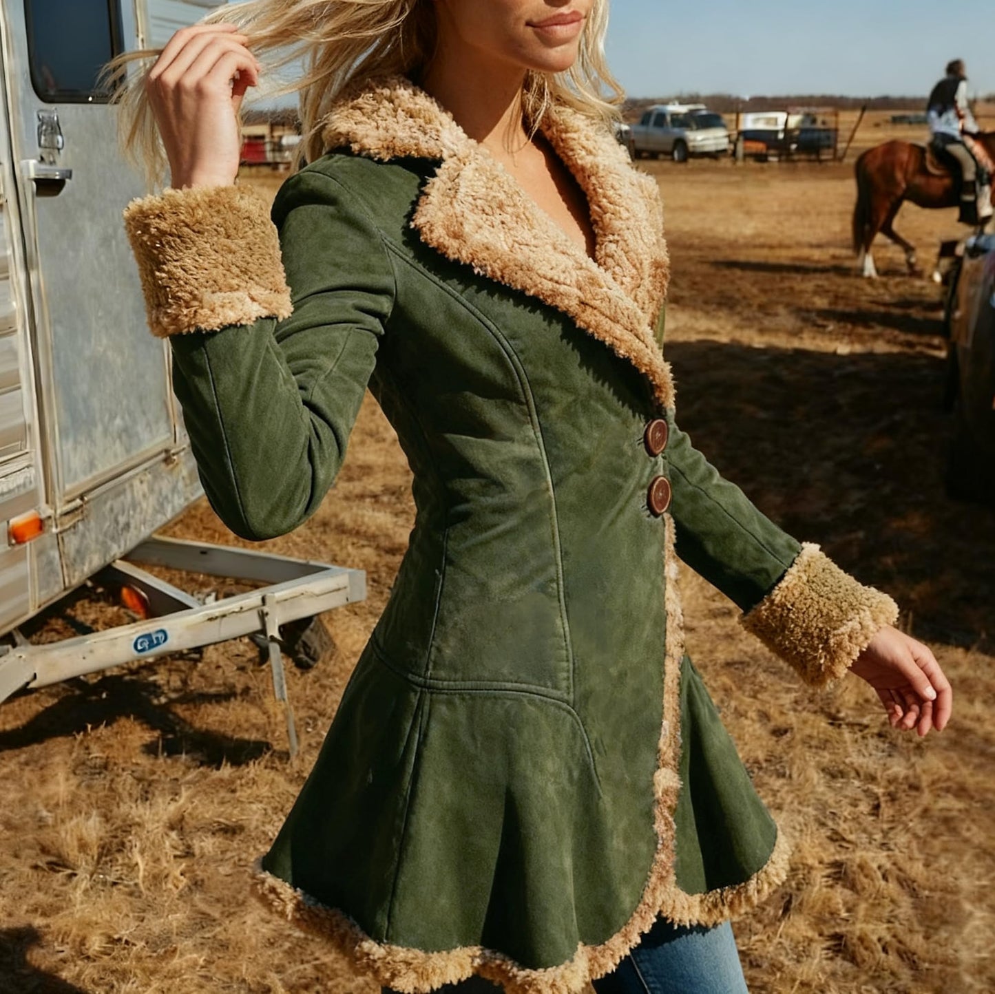 utcoco Womens Sherpa Lined Suede Jacket 2026 Fall Fashion Outfits Slim-Fit Faux leather Fleece Jackets Winter Coats (Medium, Green)