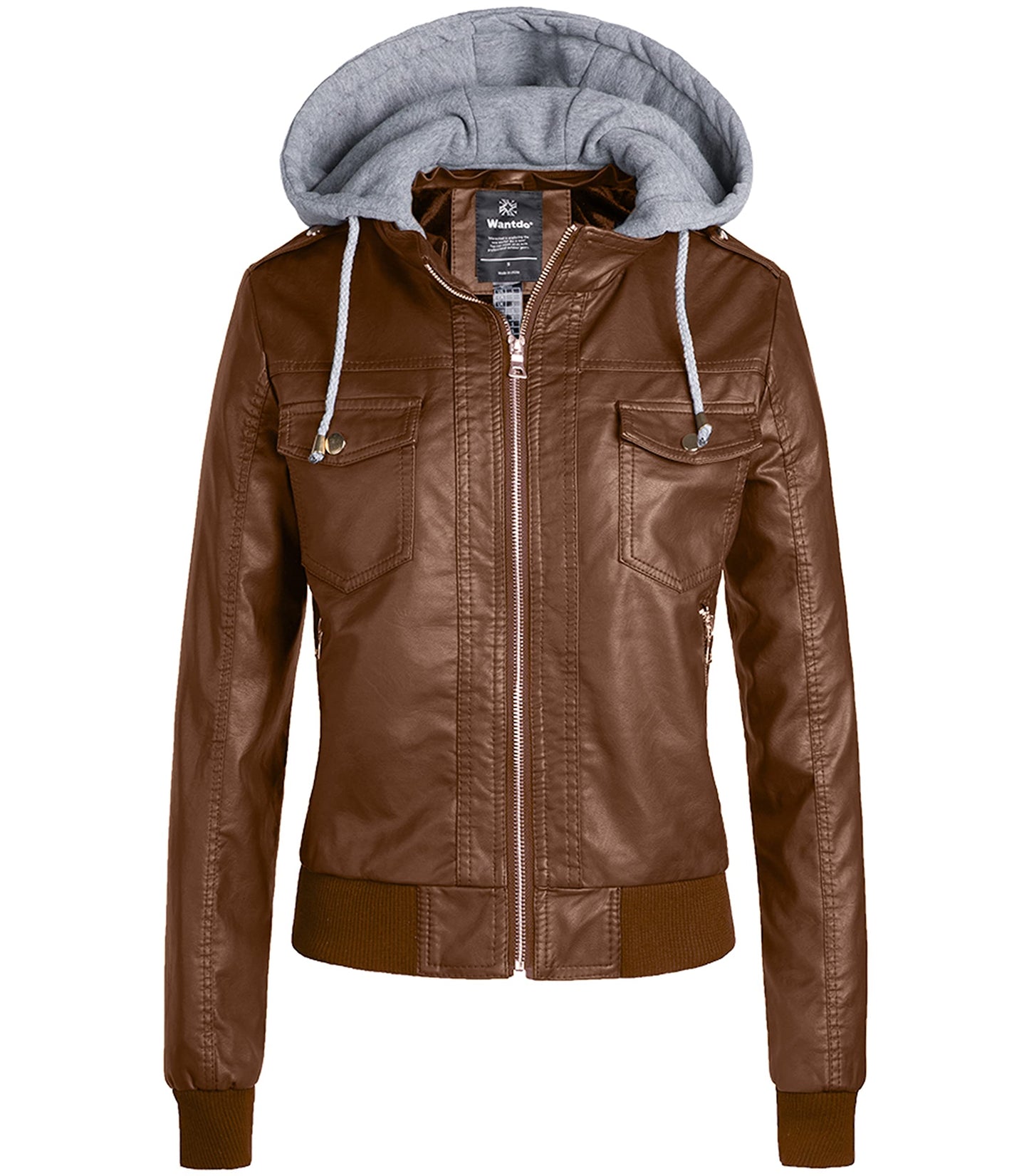 wantdo Women's Classic Solid PU Jacket Zip up Faux Leather Coat Khaki M