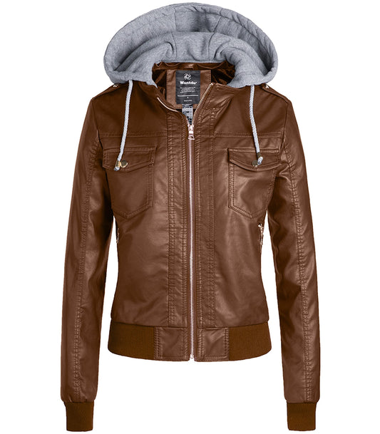 wantdo Women's Faux Leather Jackets Zip Up Motorcycle Short PU Outwear Khaki L