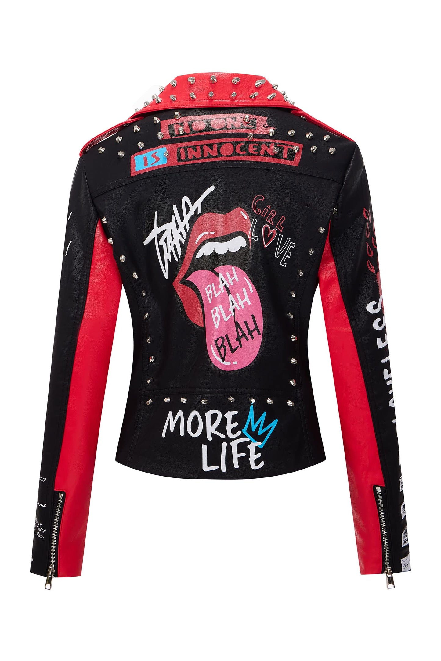 RISISSIDA Women Faux Leather Studded Moto Jacket Belted,Black-red,79,S