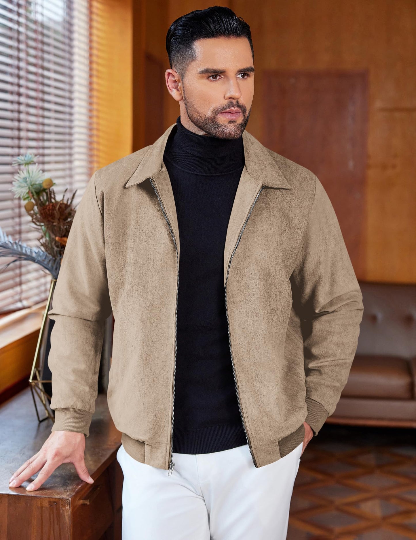 COOFANDY Men's Lightweight Leather Jacket Faux Suede Trucker Zipper Jacket