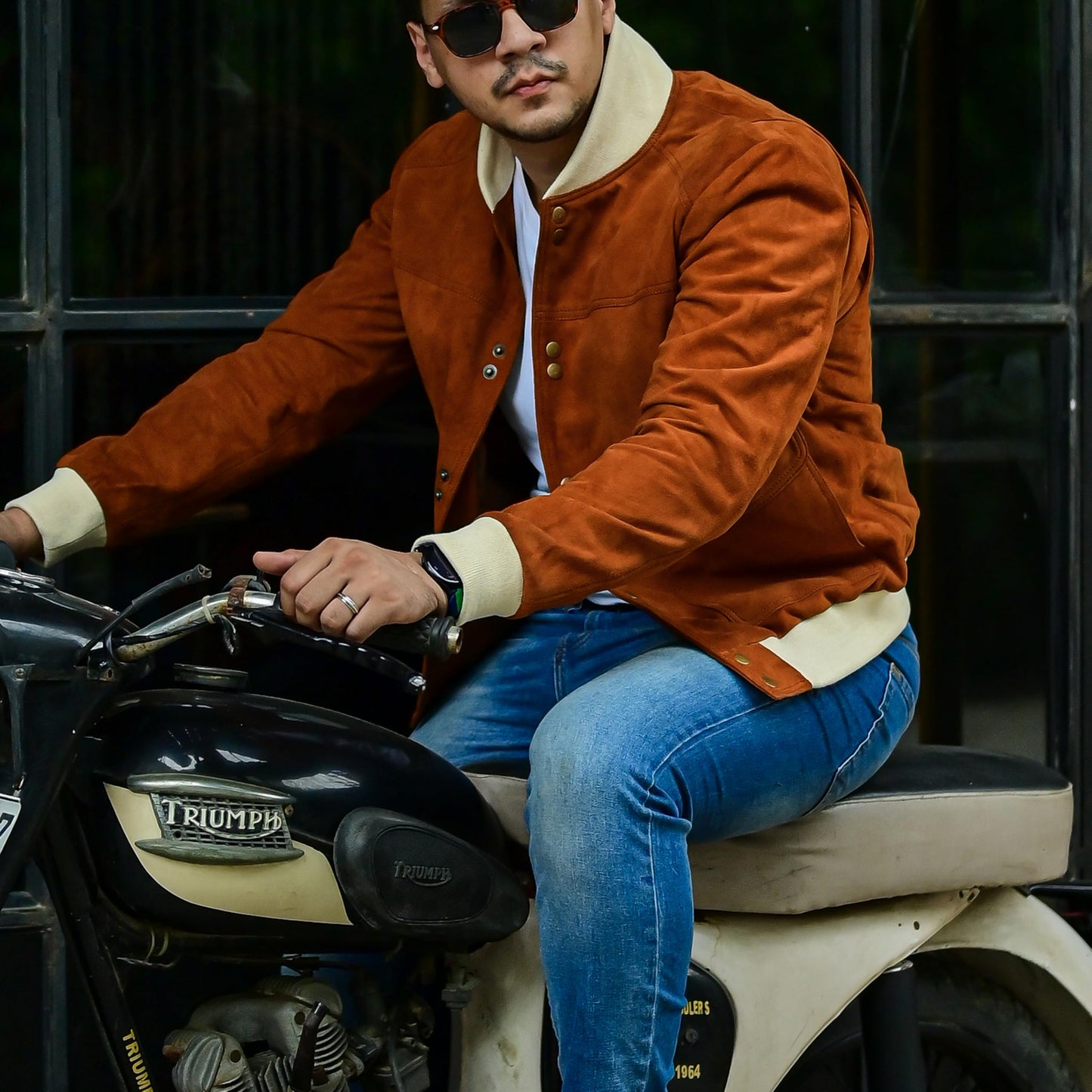 Jild Varsity Style Leather Bomber Jacket Men - Casual Fashion Real Suede Classic MA-1 Leather Jacket Men (SB-Tan-M)