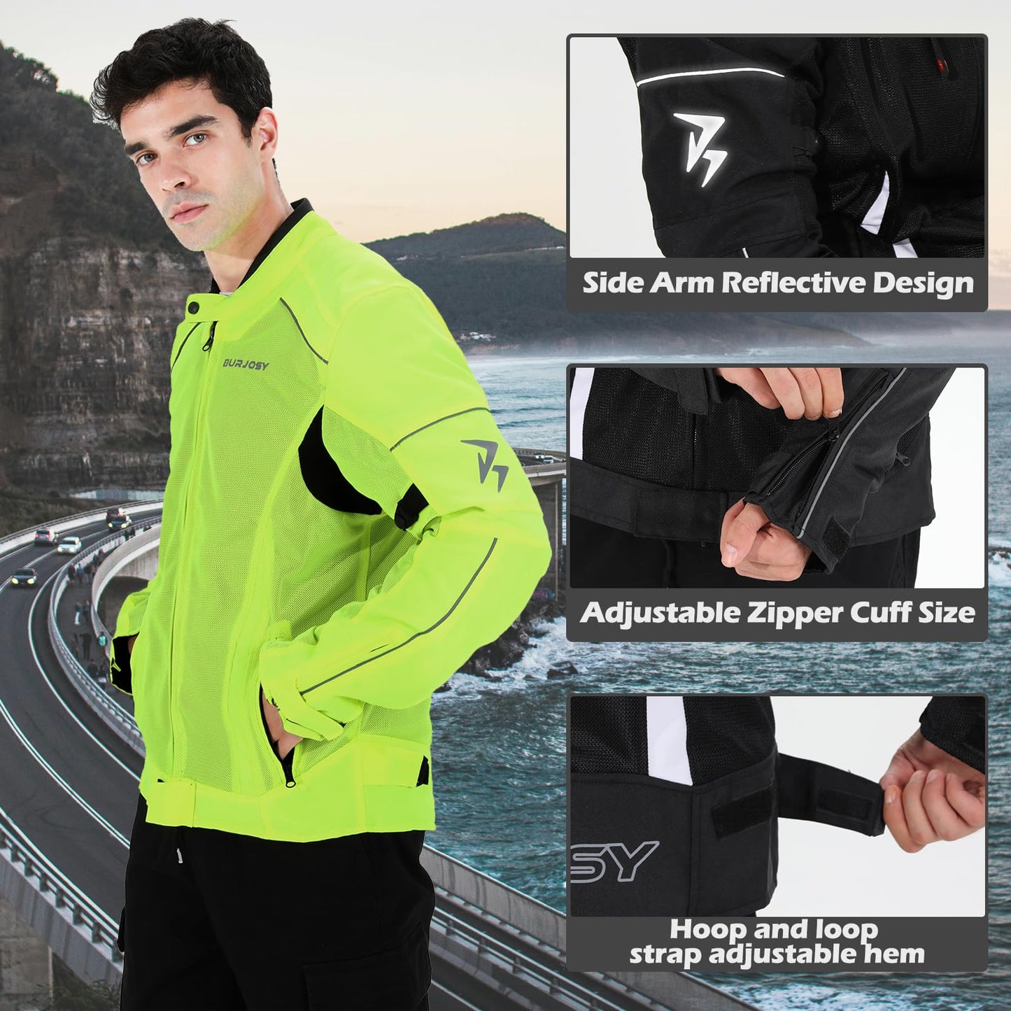 Burjosy Mesh Motorcycle Jacket for Men, Summer Motorbike Biker Jacket, Reflective Lightweight Breathable Riding Jacket Protective Gear Armored