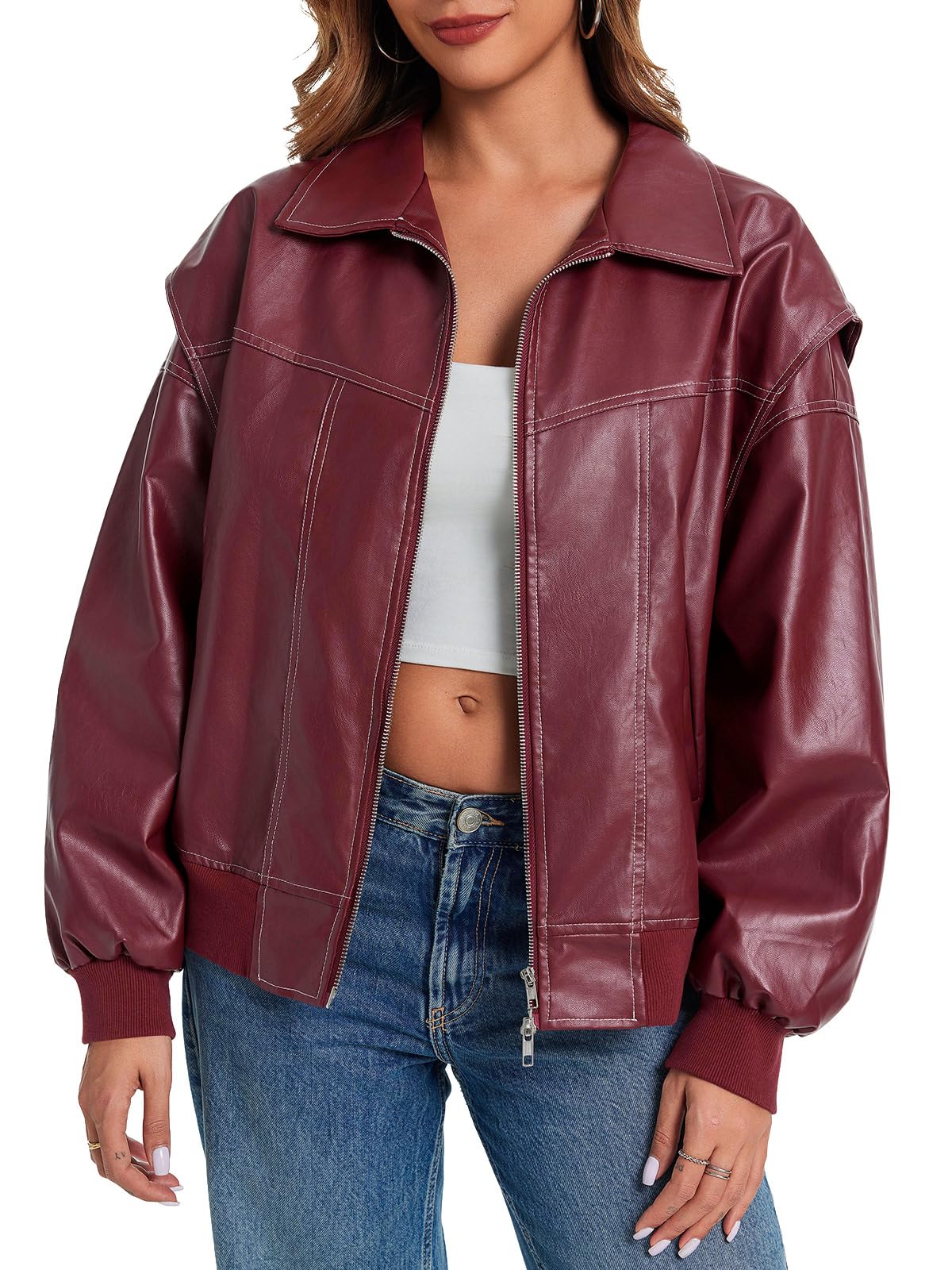 Tankaneo Womens Leather Jacket Faux Oversized Motorcycle Bomber Coats Jackets Fashion Outfits Clothes