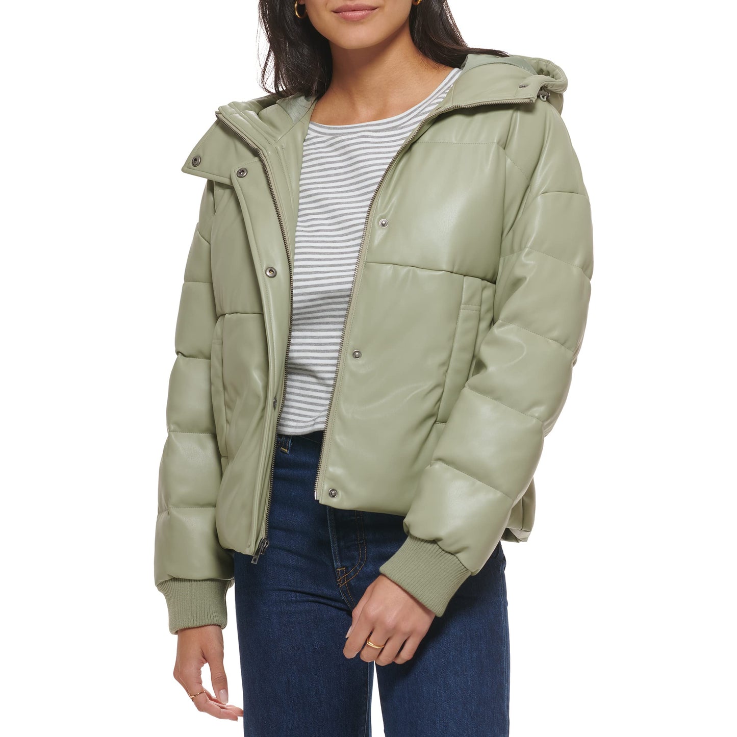 Levi's Women's Cinch Waist Puffer Jacket, Sea Green Faux Leather With Hood, Small