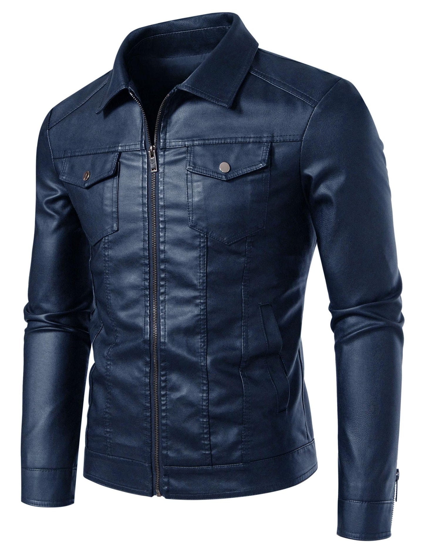 Blue Leather Jacket Men Faux Leather Moto Biker Coat Outwear Windproof XL