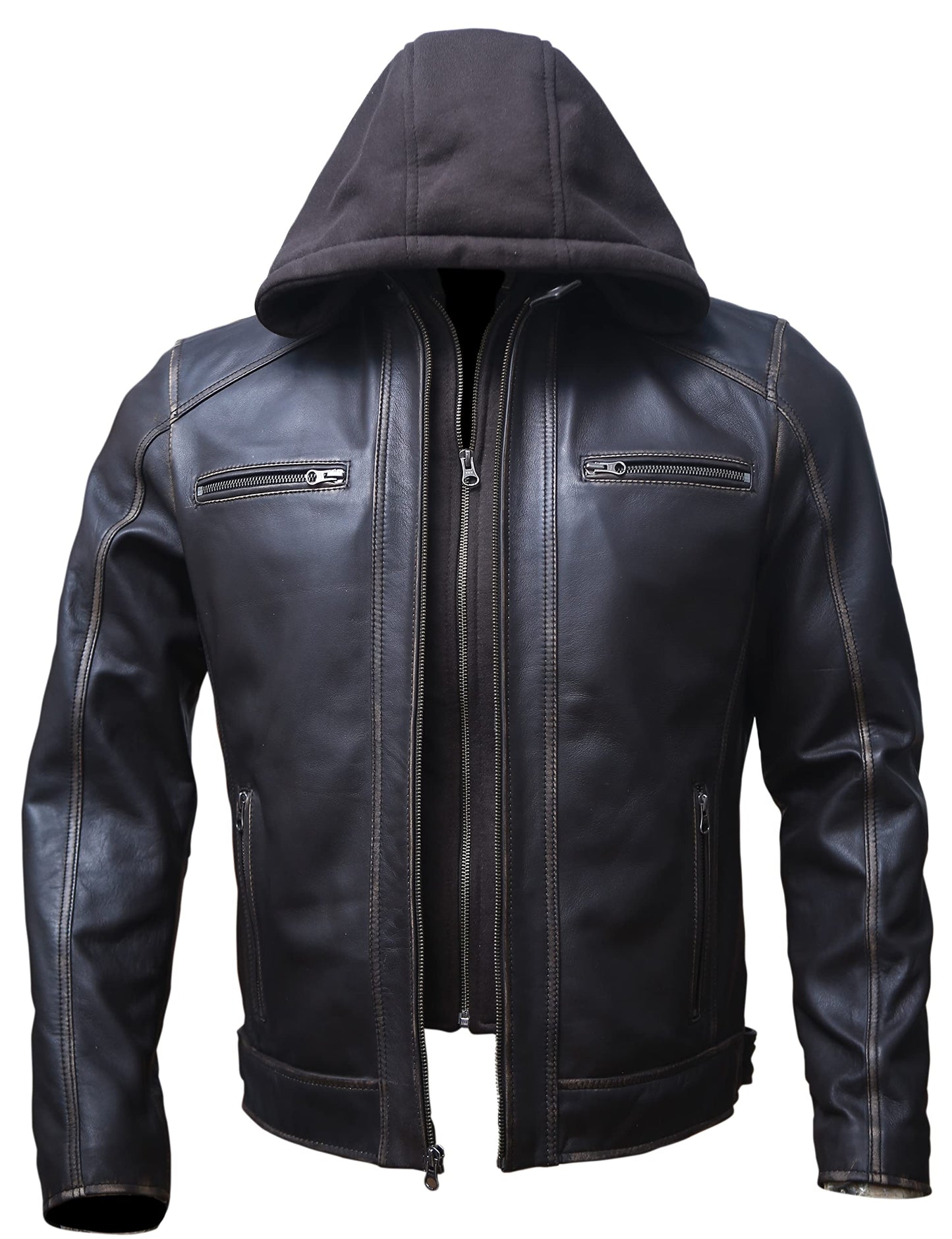 Artistry Mens Genuine Lambskin Leather Motorcycle Jacket with Removable Hood in Black Brown (Large, Distressed Brown)