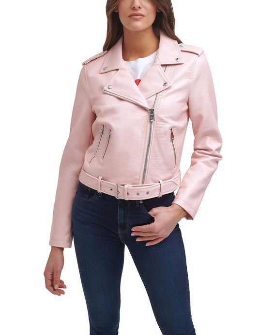 Levi's Women's Faux Leather Belted Motorcycle Jacket (Standard and Plus Sizes), Sepia Rose Croc, 1X