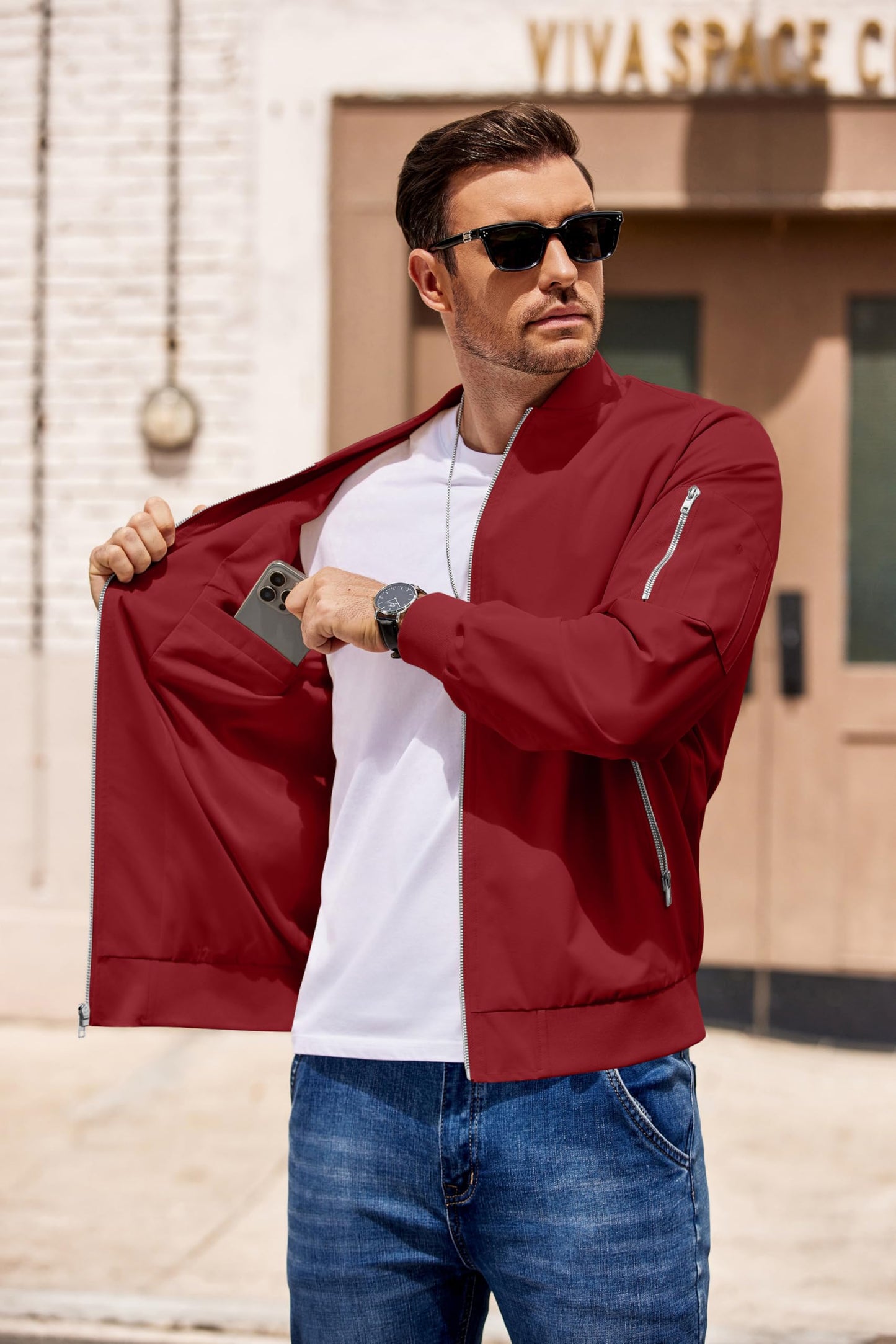 COOFANDY Bomber Jacket Lightweight Casual Windbreaker Red Spring Fall Zip Up Jackets Polyester Coat With Pocket L