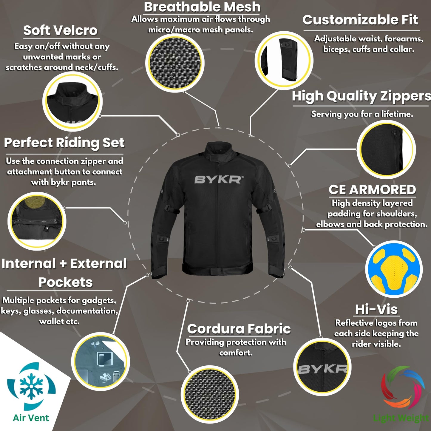 BYKR Mesh Motorcycle Jacket For Men Dual Sports Adventure Breathable Air Racing Bikers Riding Powersports Protective Motorbike Jackets Enduro CE Armored Black XL