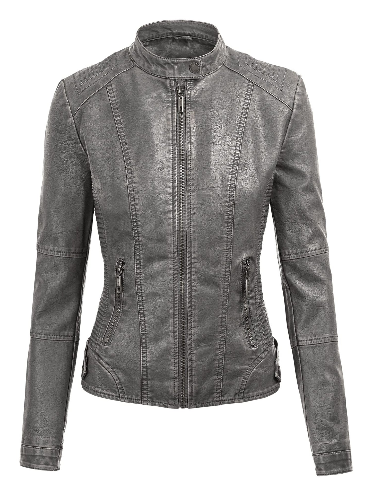 Lock and Love LL WJC1044 Womens Faux Leather Quilted Motorcycle Jacket with Hoodie Medium Grey