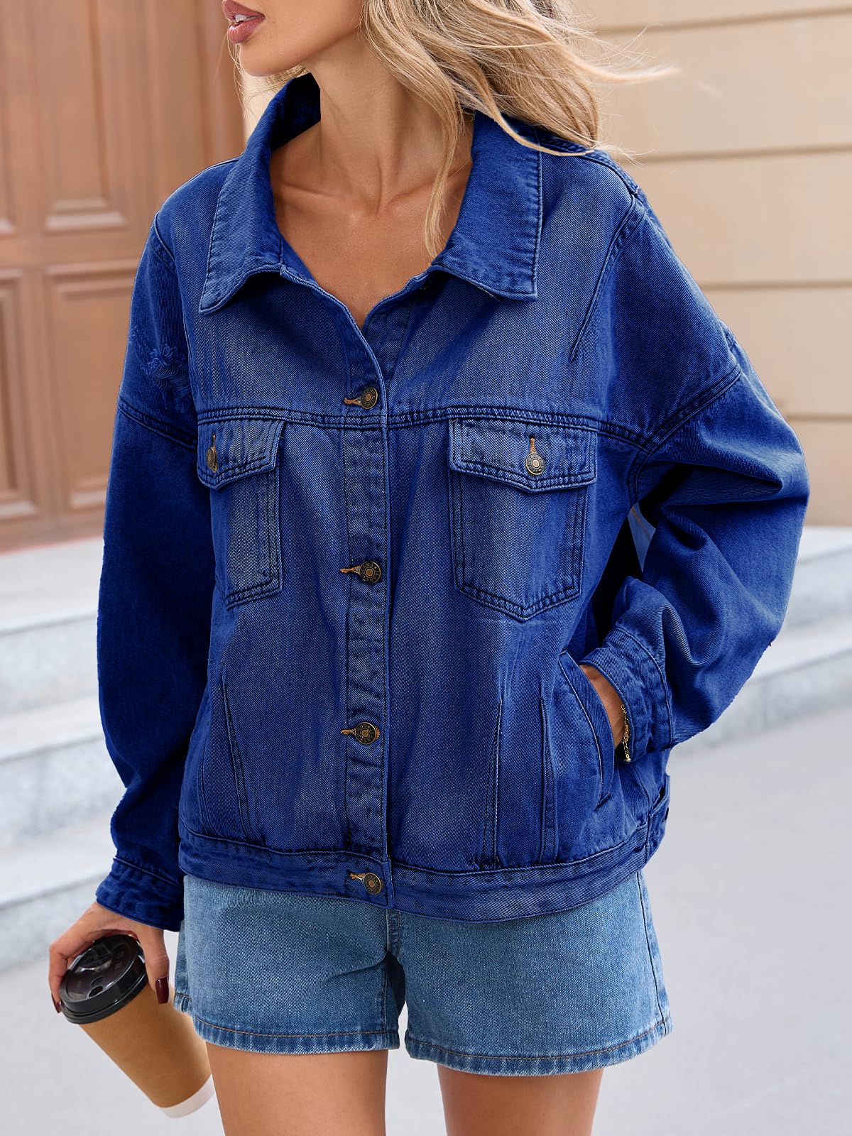 LifeShe Women's Oversized Denim Jacket Boyfriend Ripped Distressed Jean Jackets Casual Long Sleeve Trucker Coat
