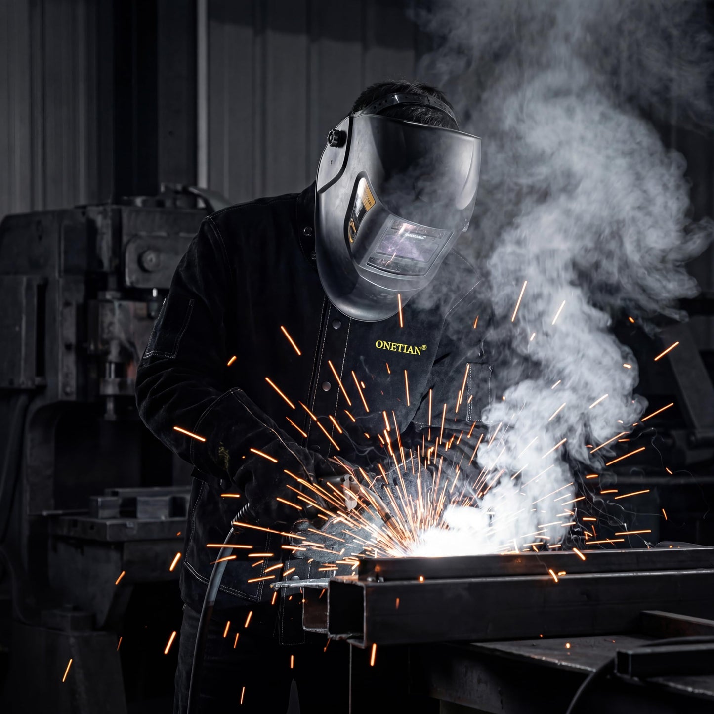 ONETIAN Black Leather Welding Jacket,Flame Heat Resistant (M)