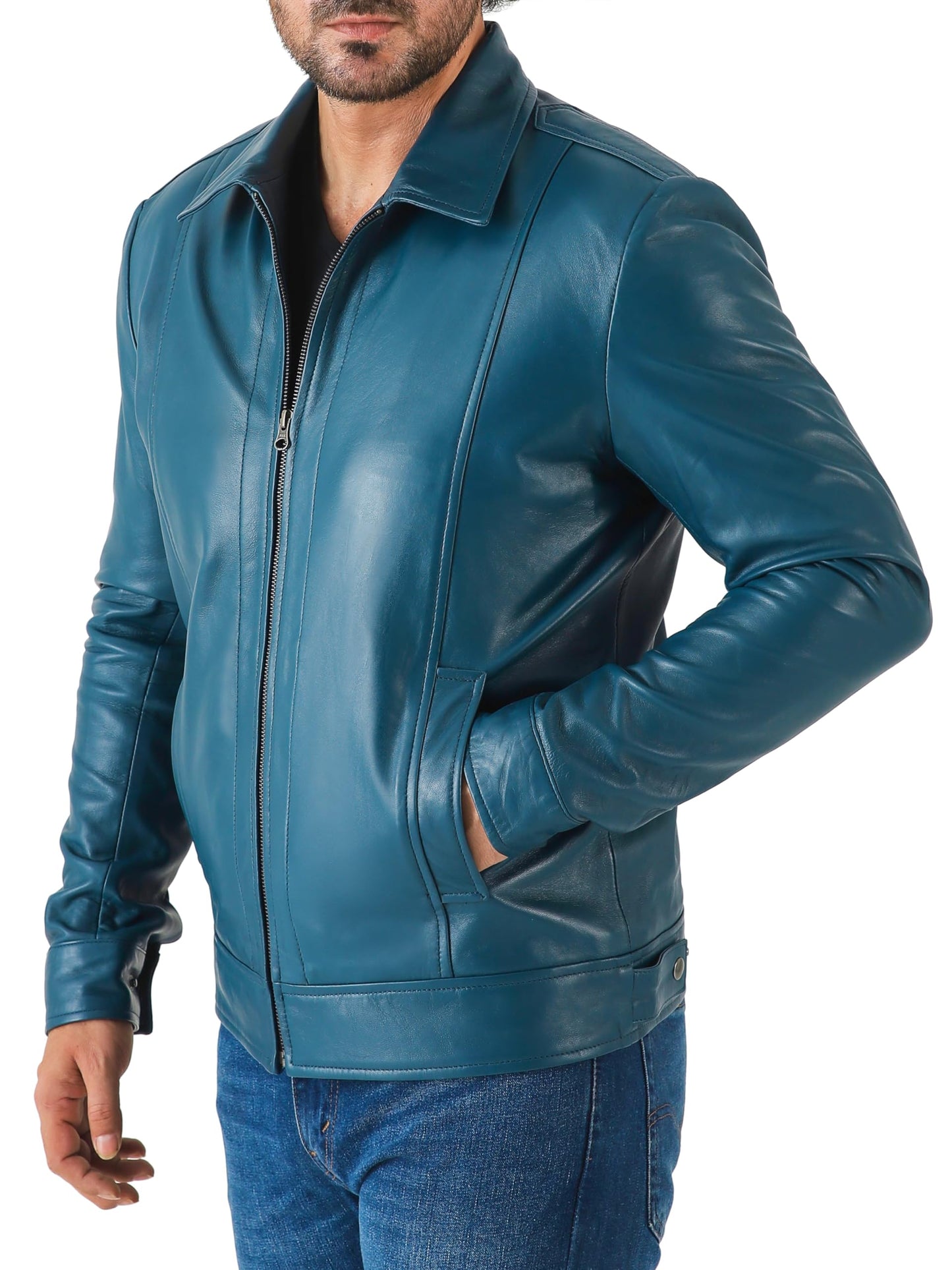 Jild Classic Shirt Collar Leather Jacket Men - John Wick Style Real Lambskin Mens Leather Jacket (John.W-Blue-XL)