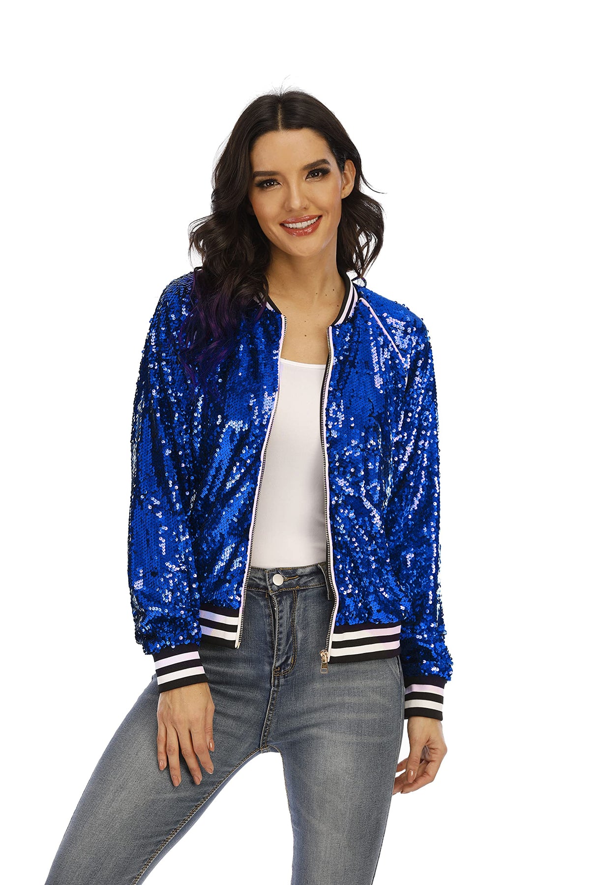 SHINEVAN Zip Up Sequin Bomber Jacket Lightweight Coat Daily Party Royal Blue Medium