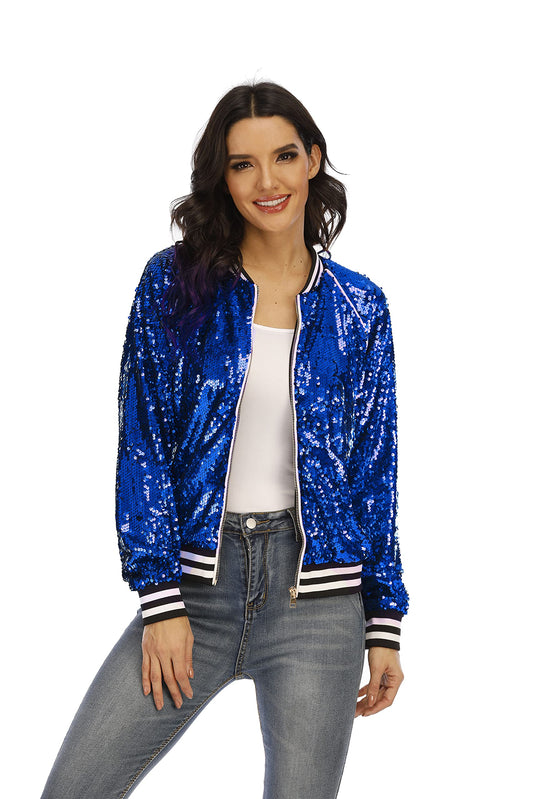 SHINEVAN Zip Up Sequin Bomber Jacket Lightweight Coat Daily Party Royal Blue Medium