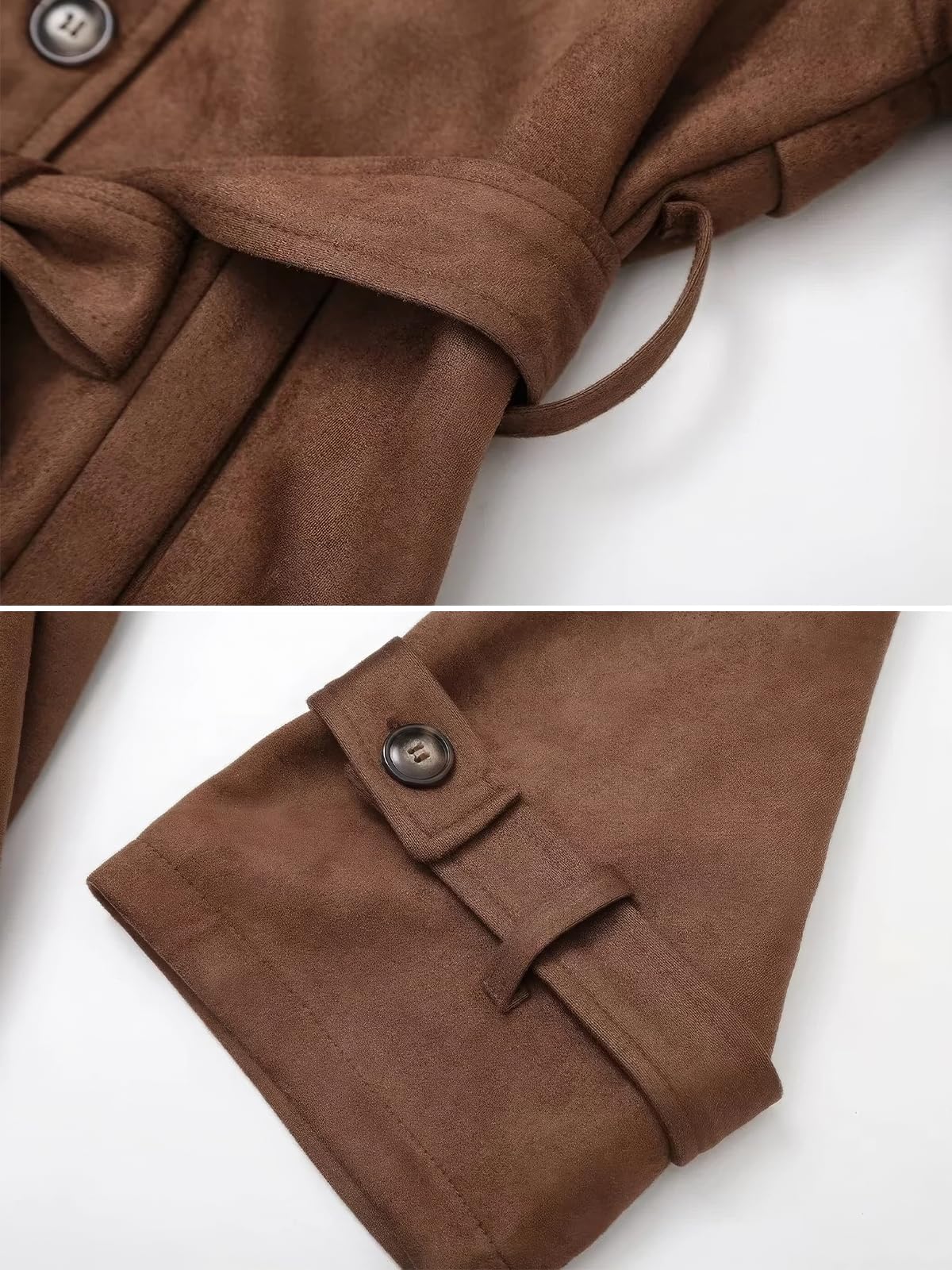 ebossy Women's Fashion Faux Suede Open Front Long Trench Coat Notched Lapel Double Breasted Maxi Overcoat with Belt (L, Brown)
