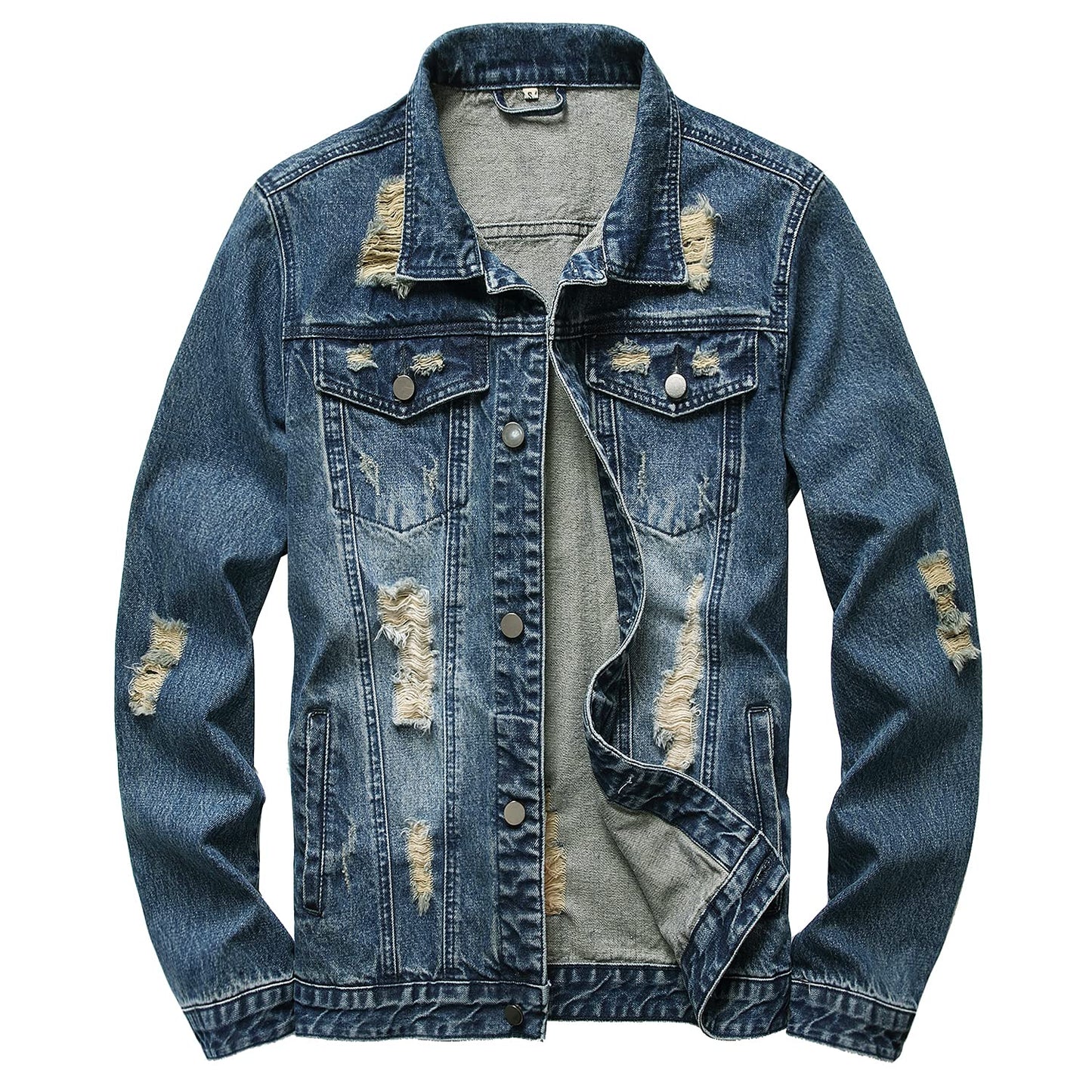 RANMCC Men's Elastic Ripped Denim Jacket, Vintage Washed Frayed Trucker Coat, Lightweight Casual All Season Street Outerwear (L, Dark Blue2071-8)
