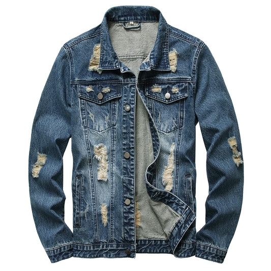 RANMCC Men's Elastic Ripped Denim Jacket, Vintage Washed Frayed Trucker Coat, Lightweight Casual All Season Street Outerwear (L, Dark Blue2071-8)