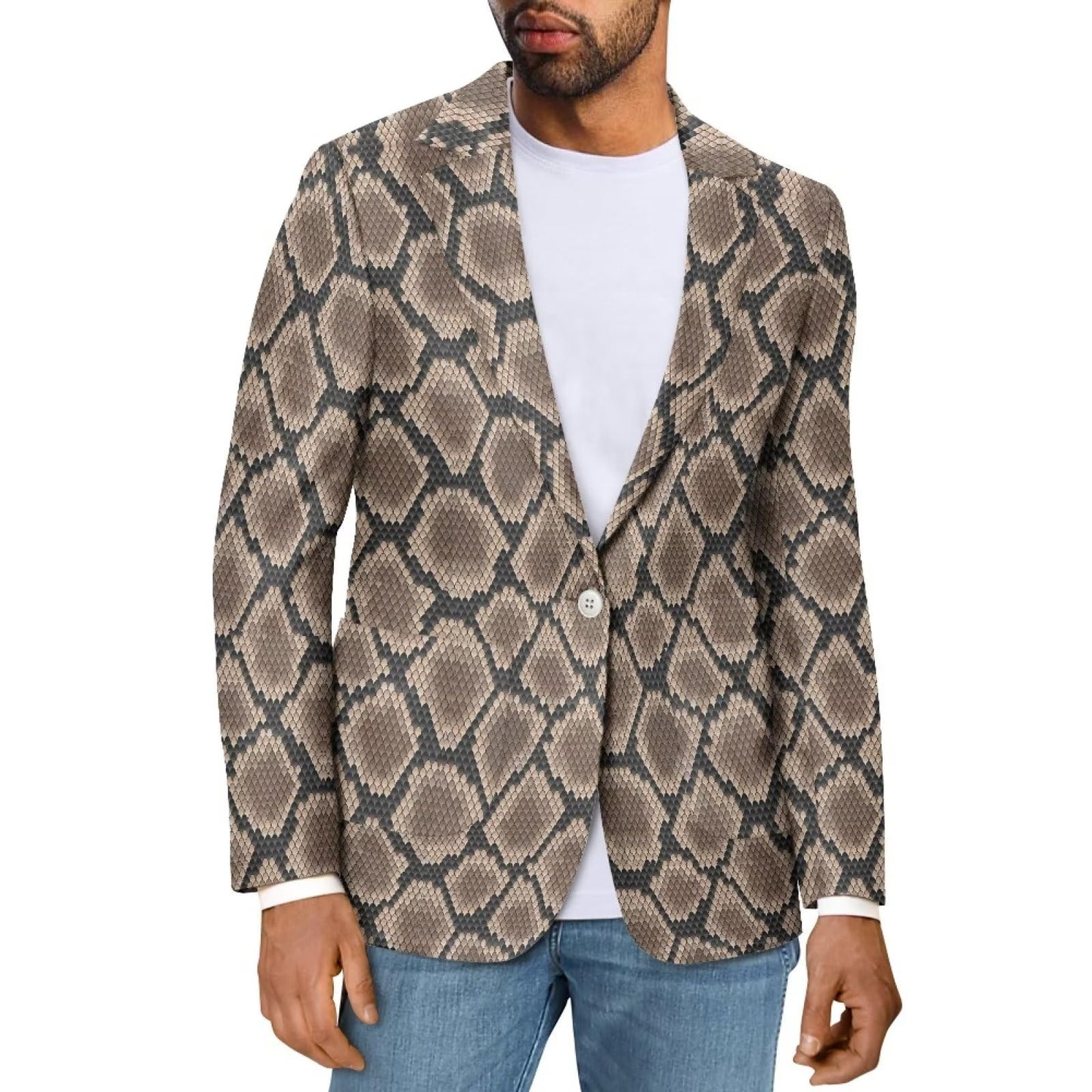 Sprowallow Snake Skin Print Men Blazer Casual Sports Coat Notched Lapel Fit One Button Jacket Suit with 2 Pockets