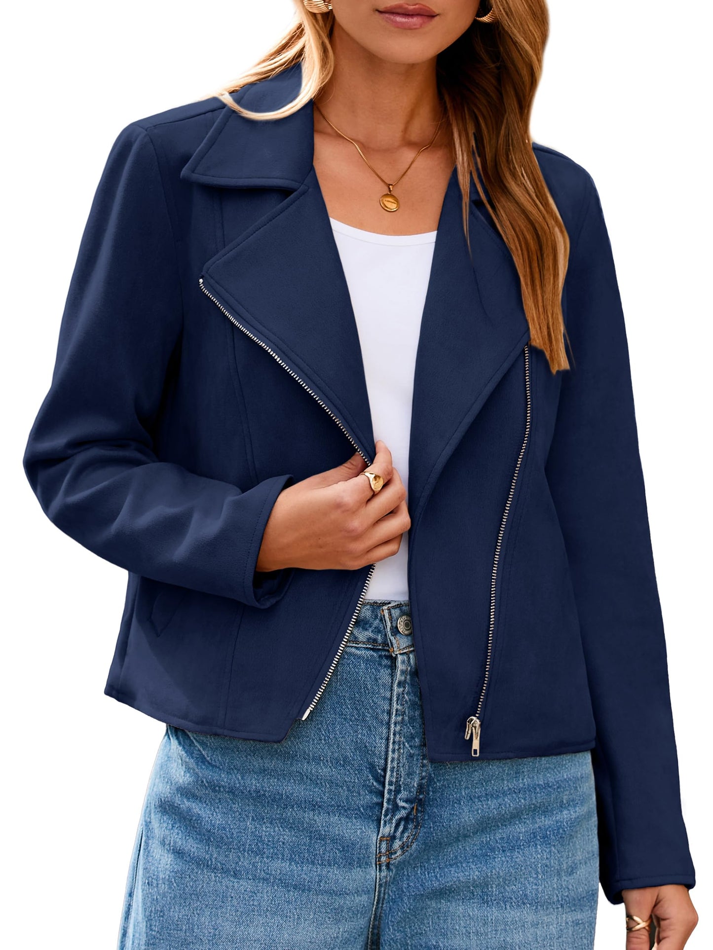 Glamaker Womens Faux Suede Jackets Long Sleeve Casual Cropped Zipper Biker Moto Jacket Fall Winter Outfits(Navy Blue,Large)