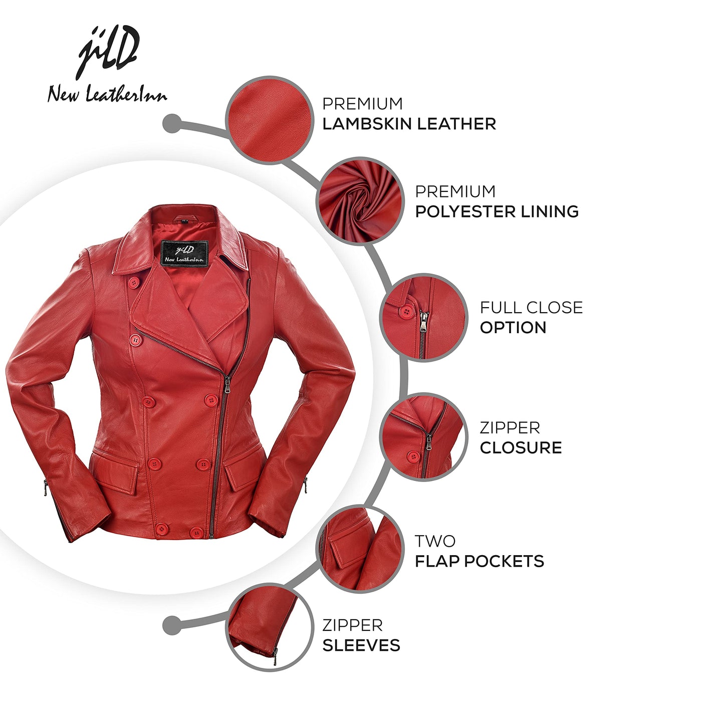 Jild Tailored Stitched Lambskin Leather Jacket Women - Coat Design Lapel Collar Belted Style Motorcycle Jacket Women (ButB-Red-M)