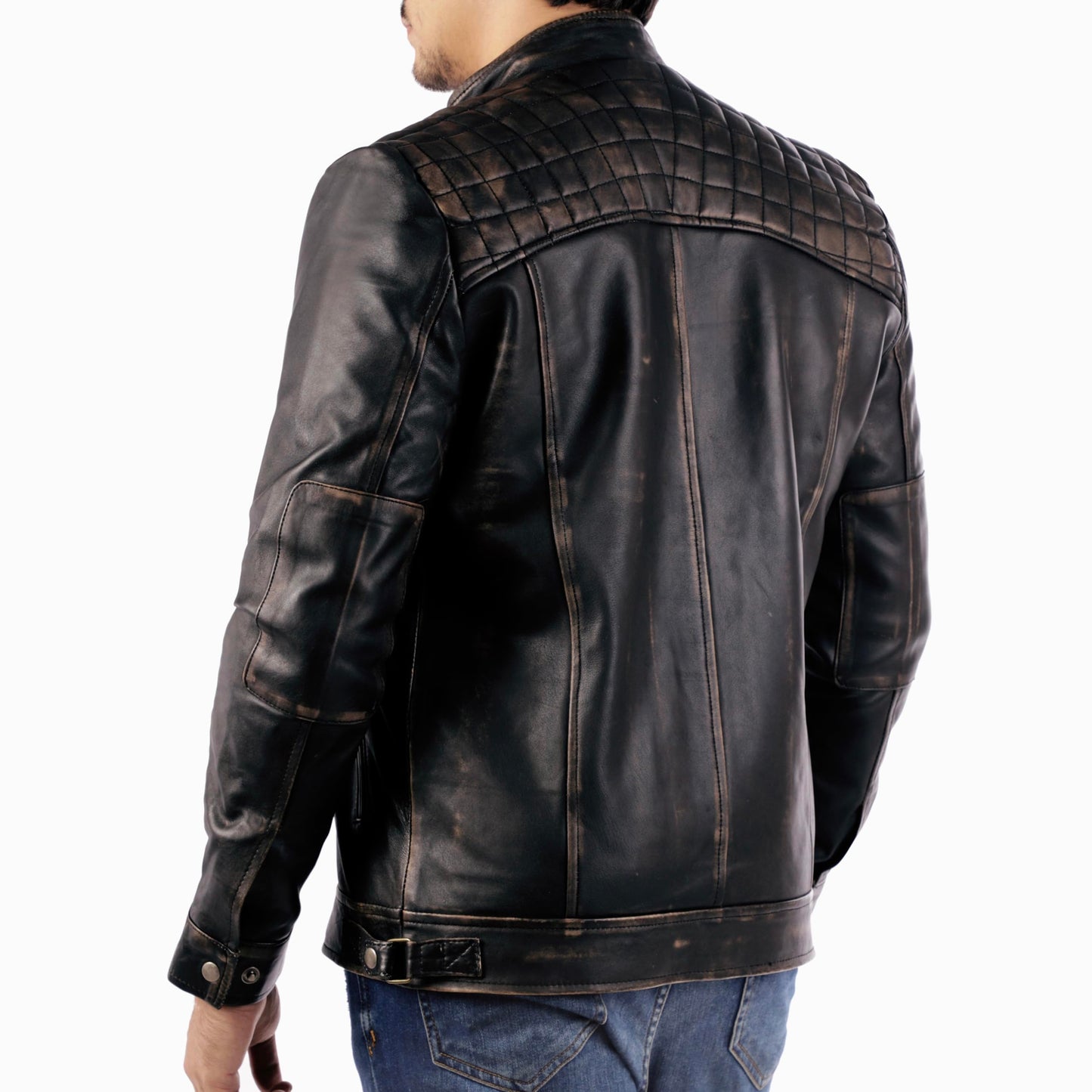 Jild Signature Diamond Style Café Racer Lambskin Leather Jacket Men - Men's Casual Real Leather Quilted Style Motorcycle Jacket (DM-Rub-L)