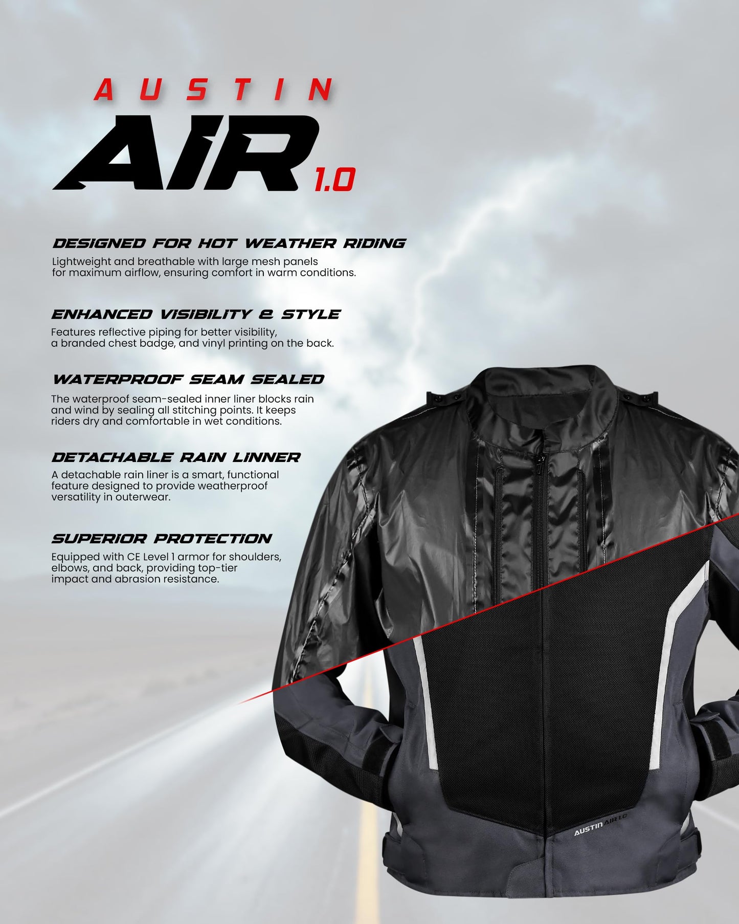 ADLER PRODUCTS Motorcycle Jacket for Men, AUSTIN AIR 1.0 Mesh Motorcycle Armor Jacket, CE Certified With Detachable Rain Liner (US, Alpha, X-Large, Regular, Regular, Gray)