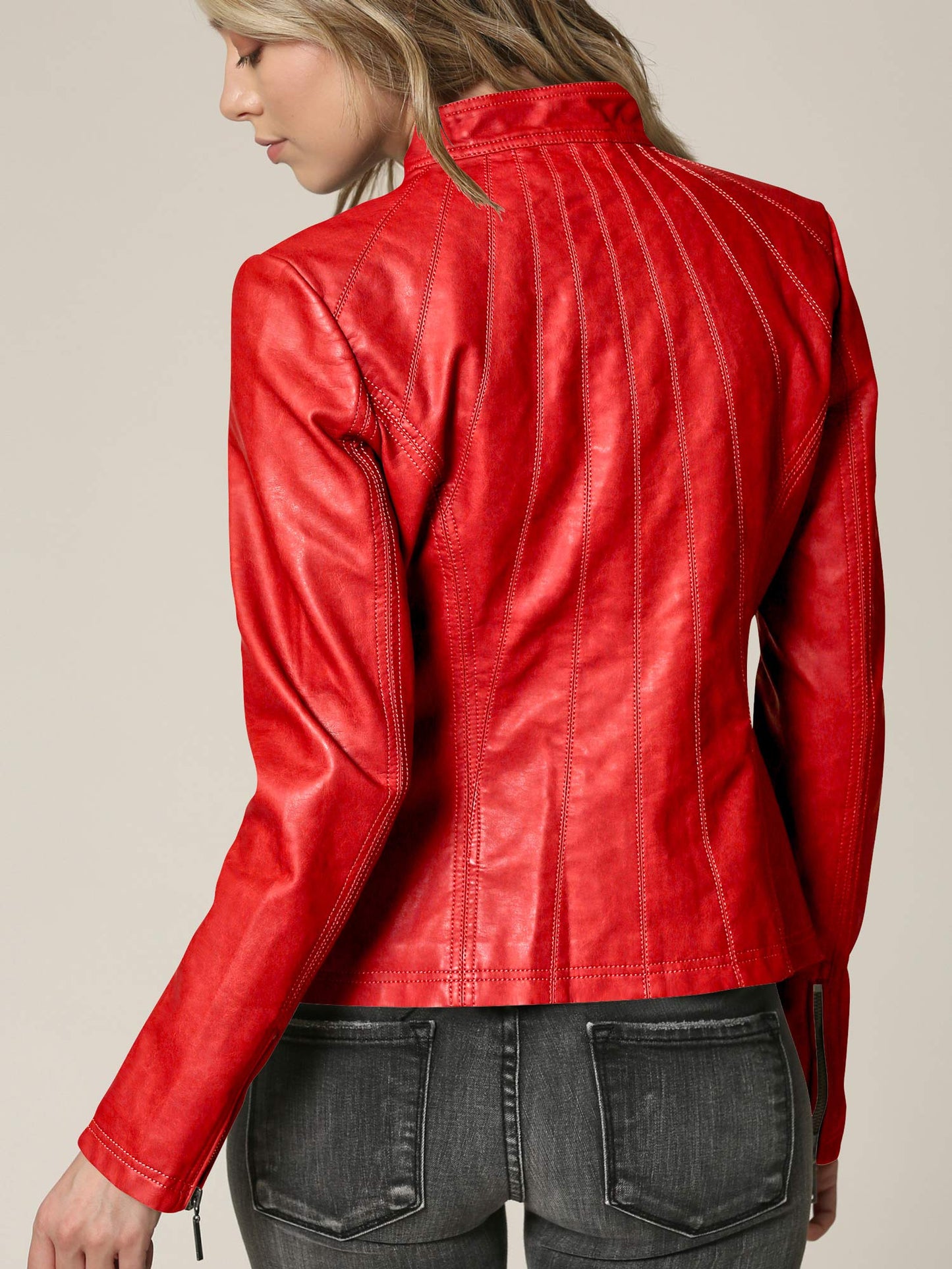 MBJ WJC877 Womens Panelled Faux Leather Moto Jacket M RED