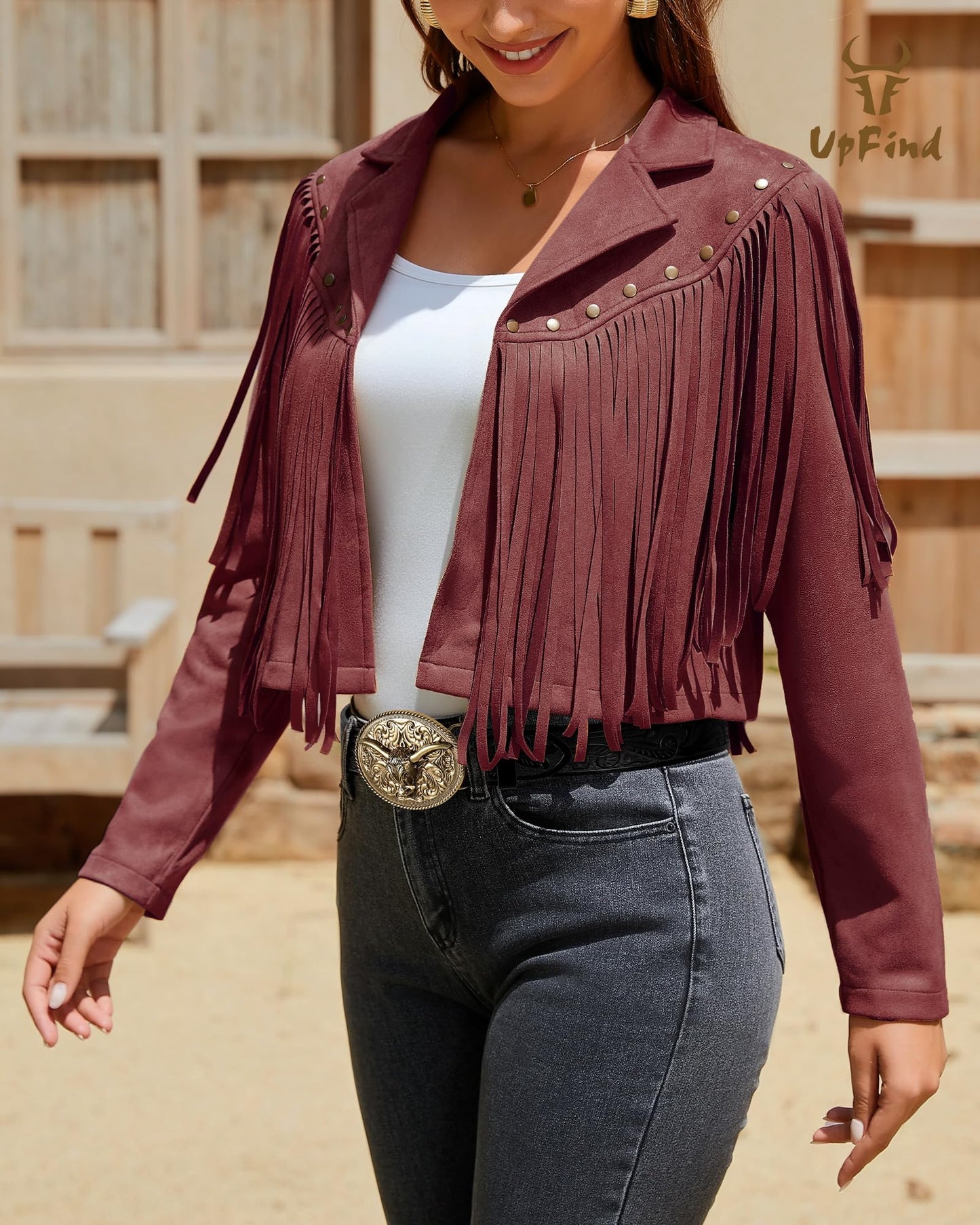 UpFind Women's Fringe Faux Suede Leather Jackets Fashion Fall Western Tassel Motorcycle Cropped Open Front Coats with Rivets, Wine Red/Medium