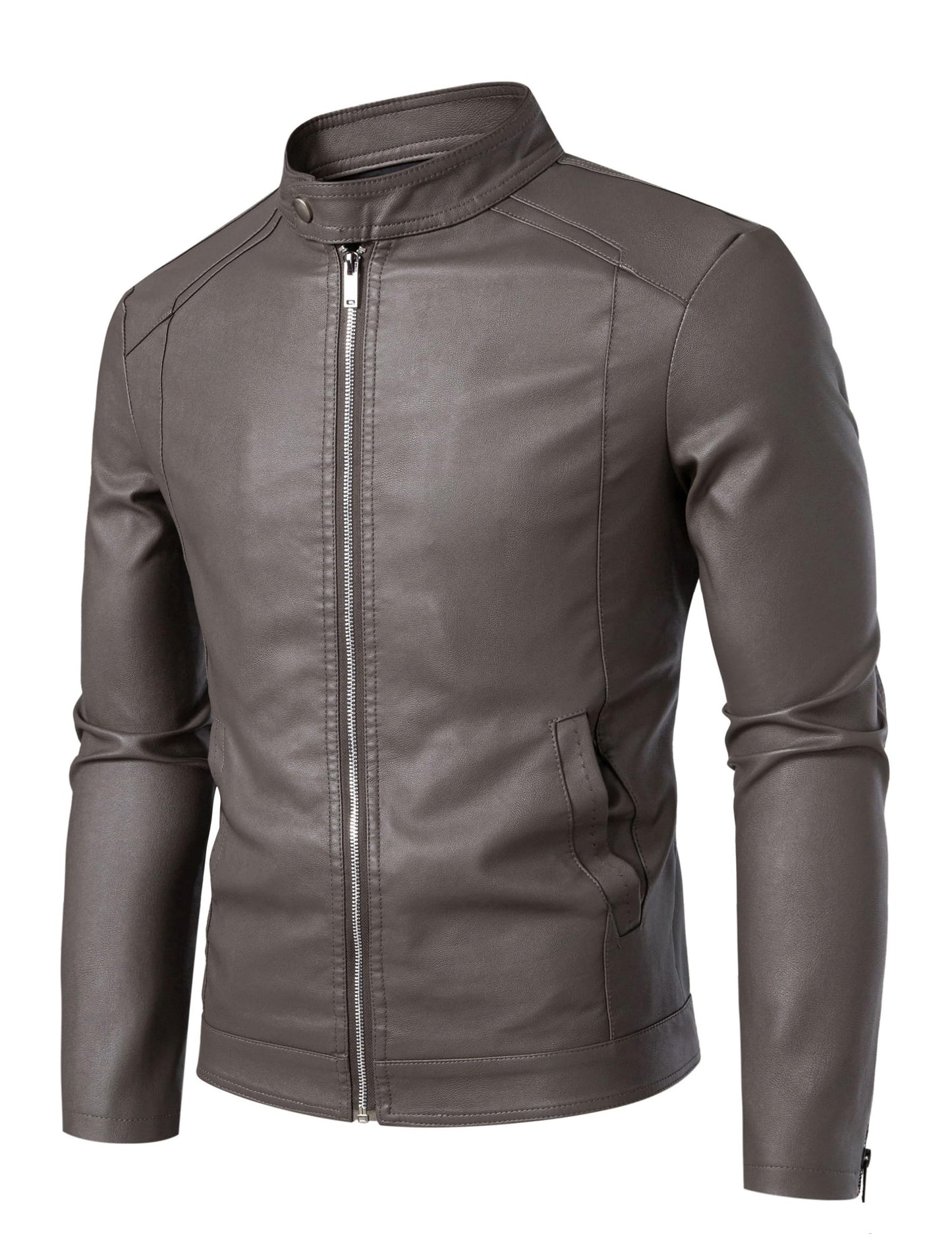 Grey Leather Jacket Men Faux Leather Motorcycle Stand Collar Biker Coat L