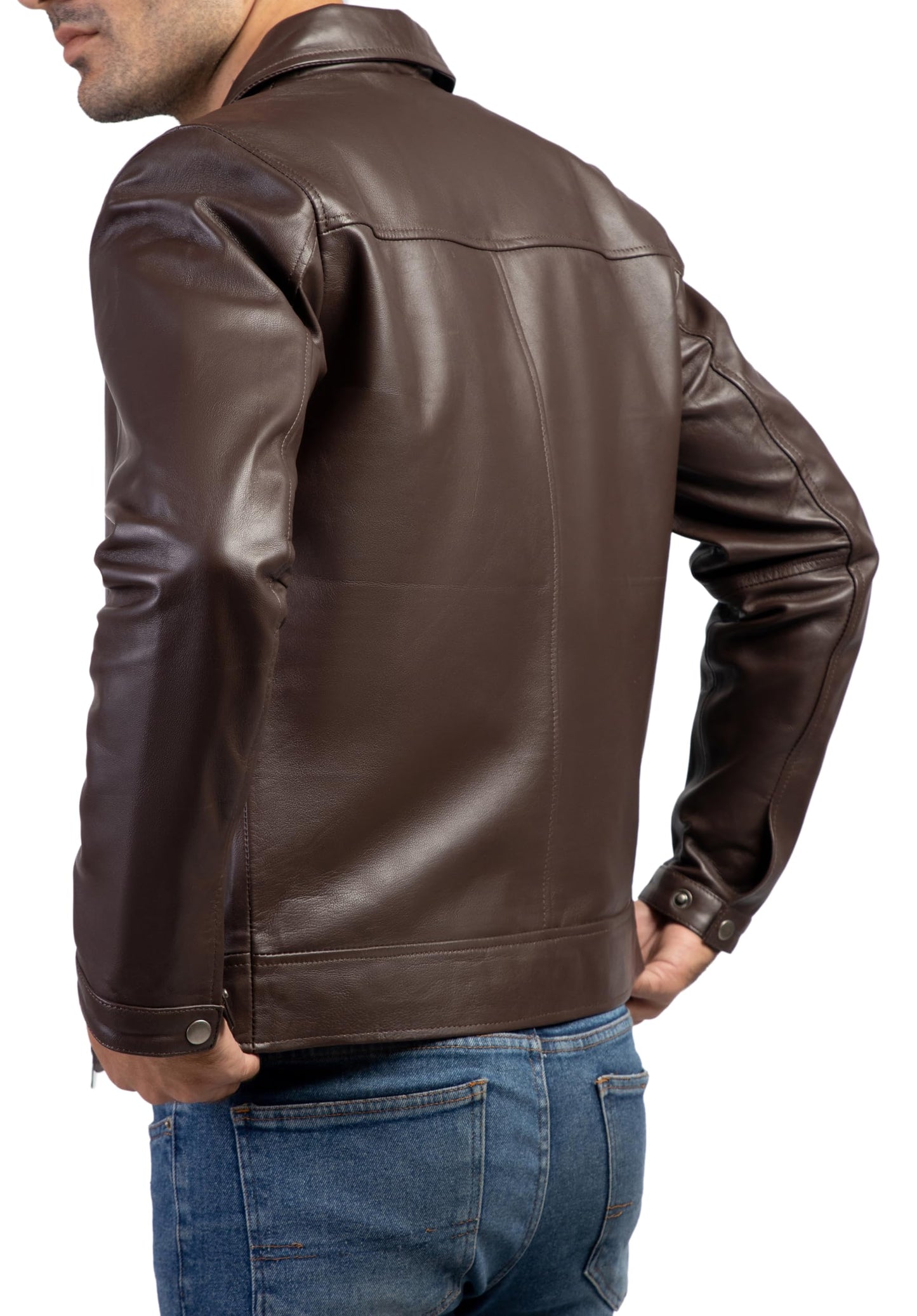 Jild Polo Collar Premium Leather Jacket Men - Old School Classic Style Everyday Wear Real Lambskin Mens Leather Jacket (Polo-Brown-M)